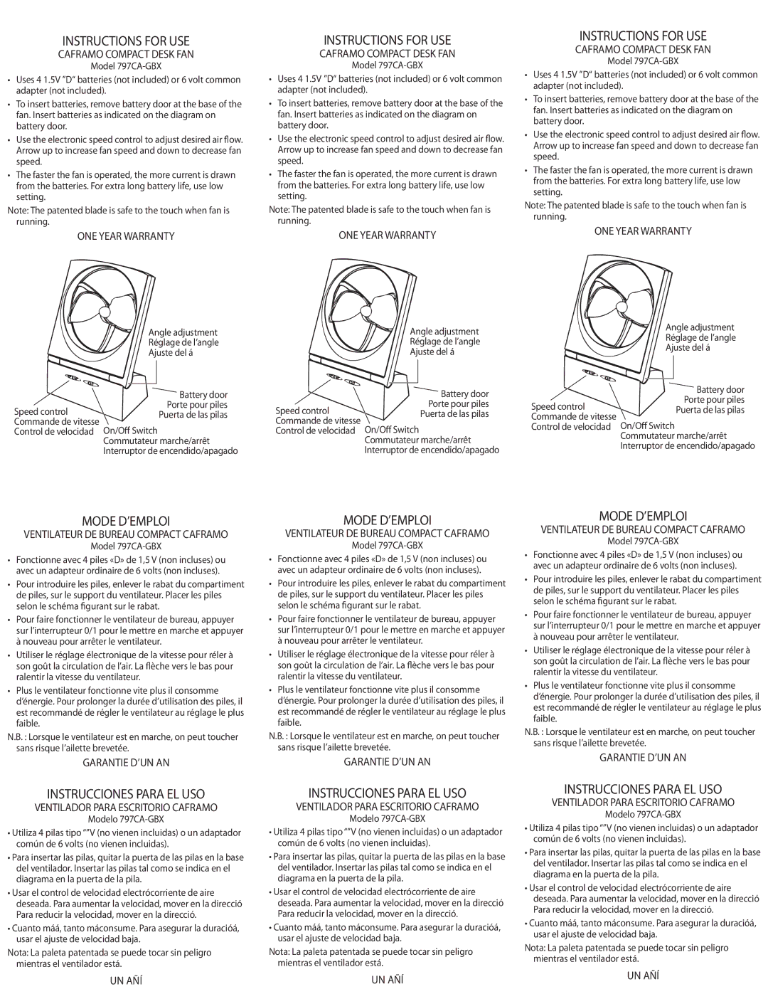 Caframo 797CA-GBX manual Instructions for USE, Mode D’EMPLOI, Instrucciones Para EL USO, Caframo Compact Desk FAN 