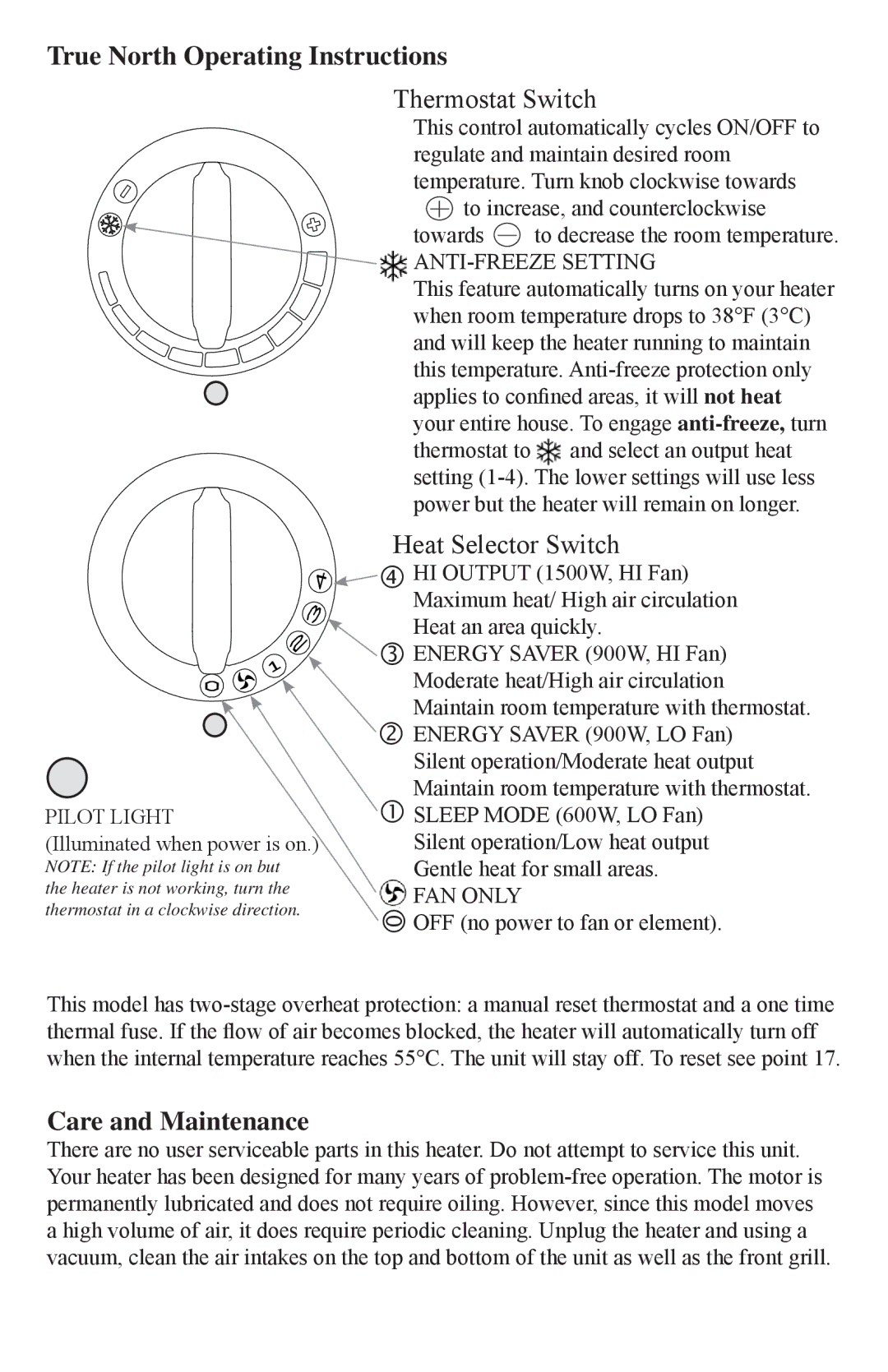 Caframo 9206 True North Operating Instructions, Thermostat Switch, Heat Selector Switch, Care and Maintenance 