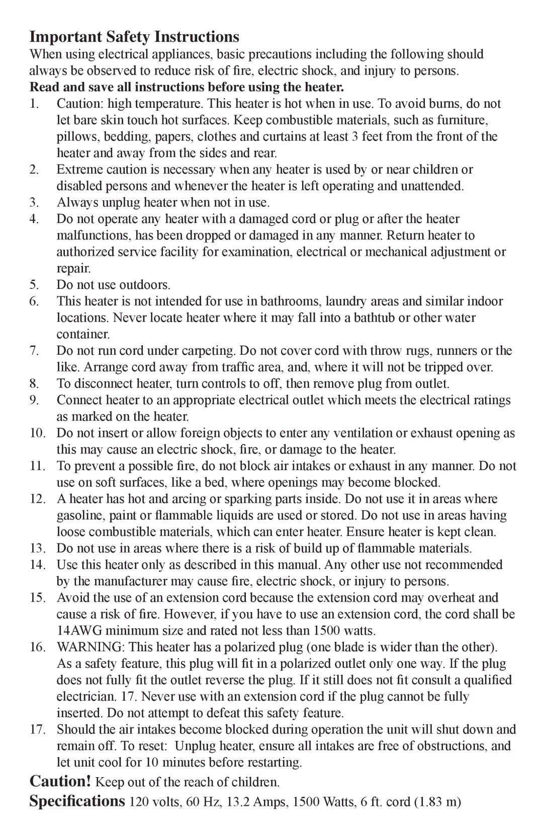 Caframo 9206 operating instructions Important Safety Instructions, Read and save all instructions before using the heater 