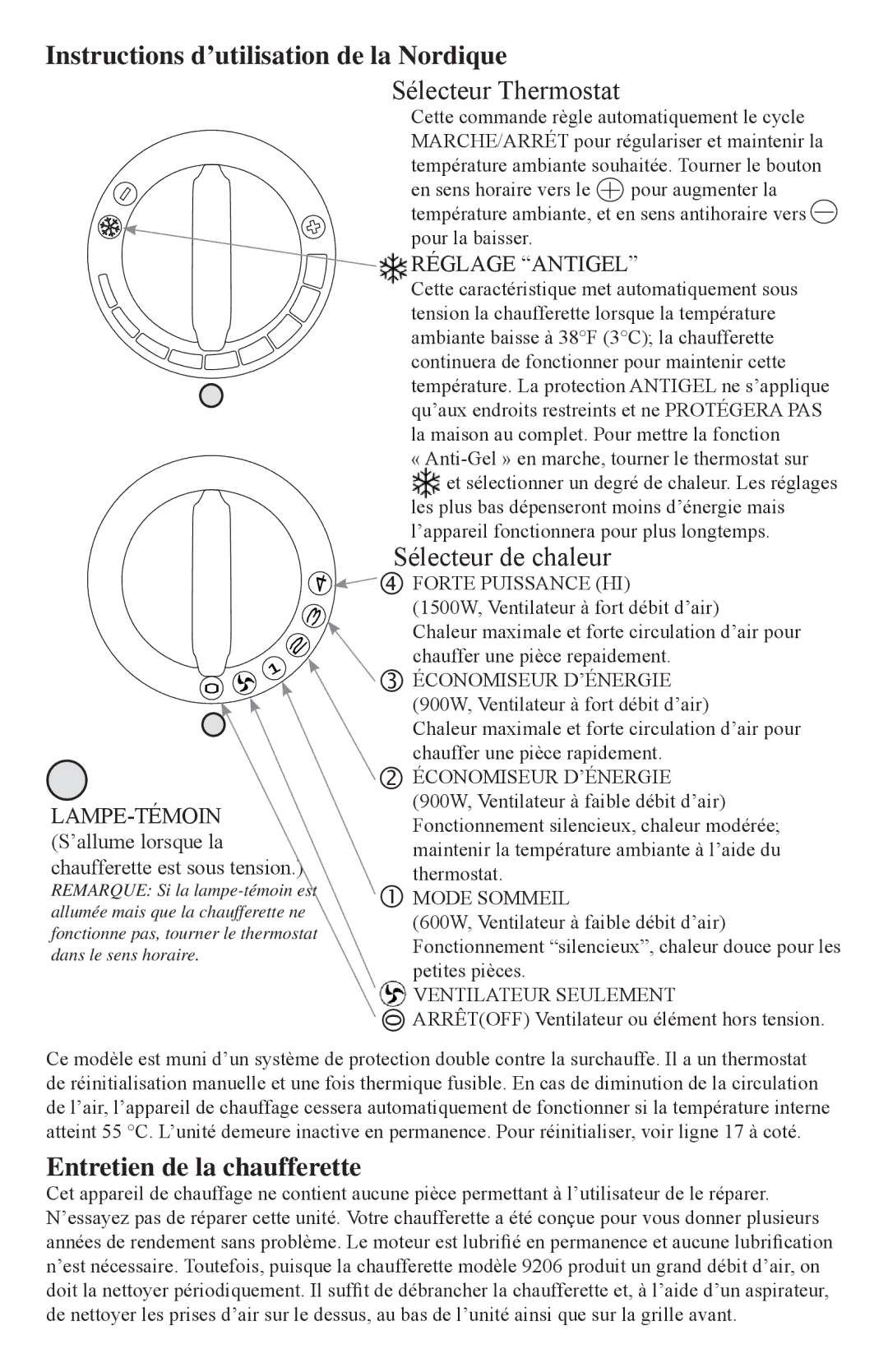 Caframo 9206 operating instructions Instructions d’utilisation de la Nordique, Sélecteur Thermostat, Sélecteur de chaleur 