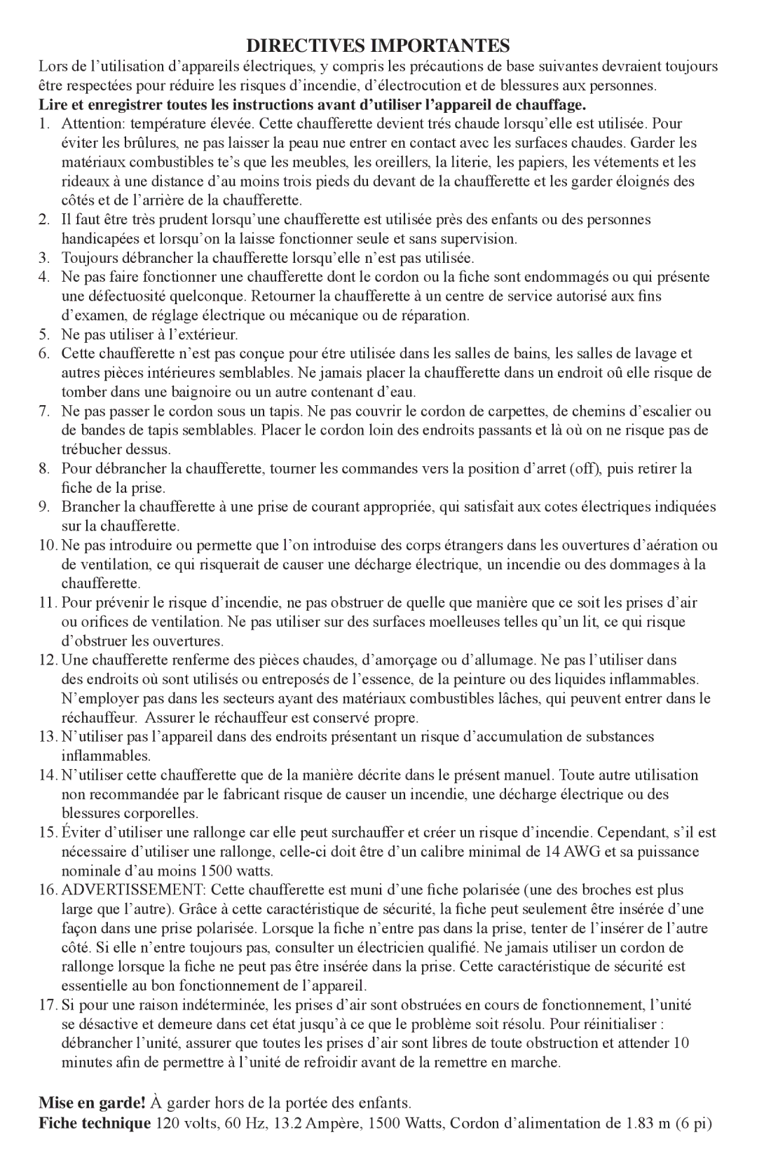 Caframo 9206 operating instructions Directives Importantes 