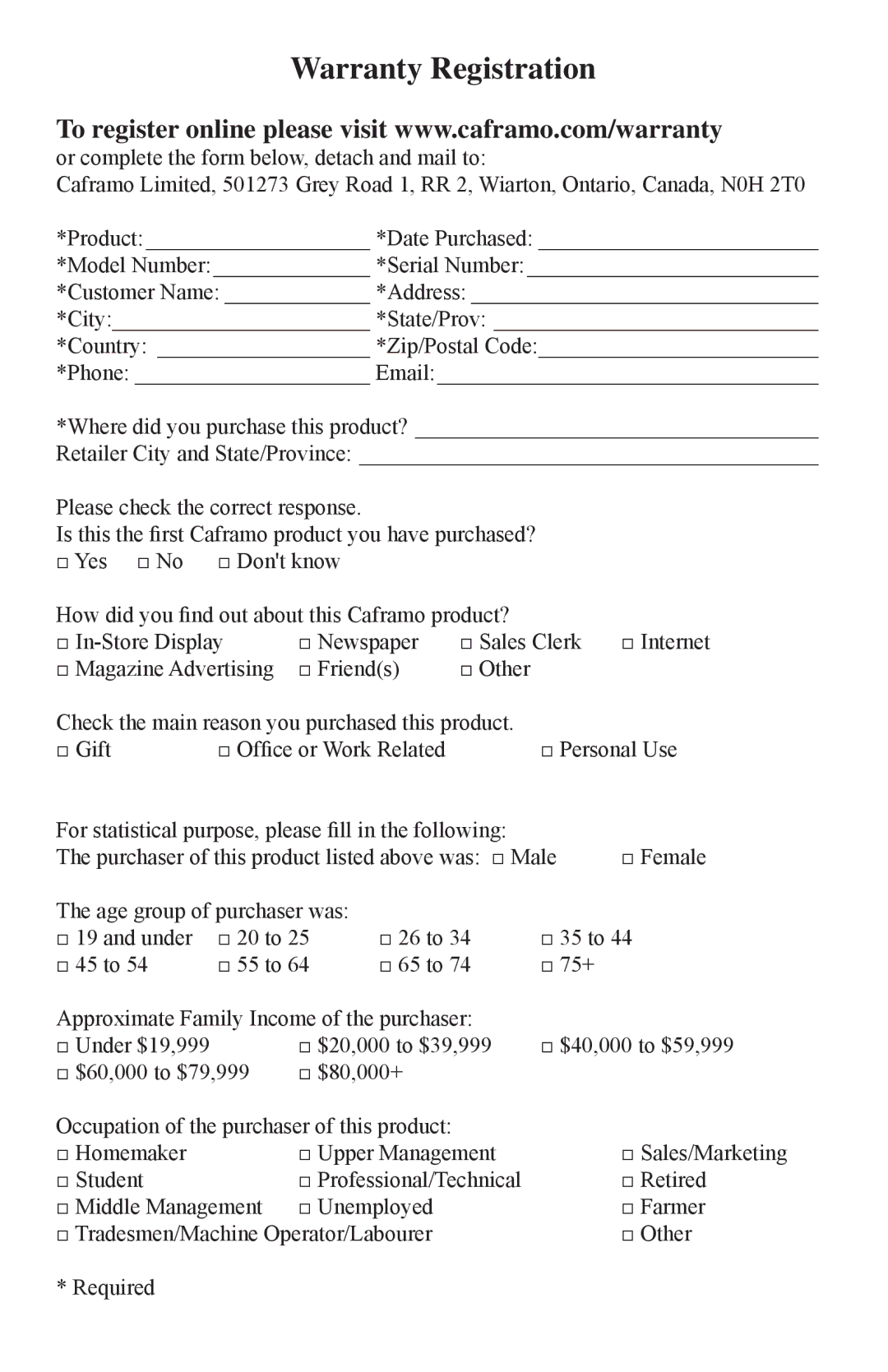 Caframo 9206 operating instructions Warranty Registration 