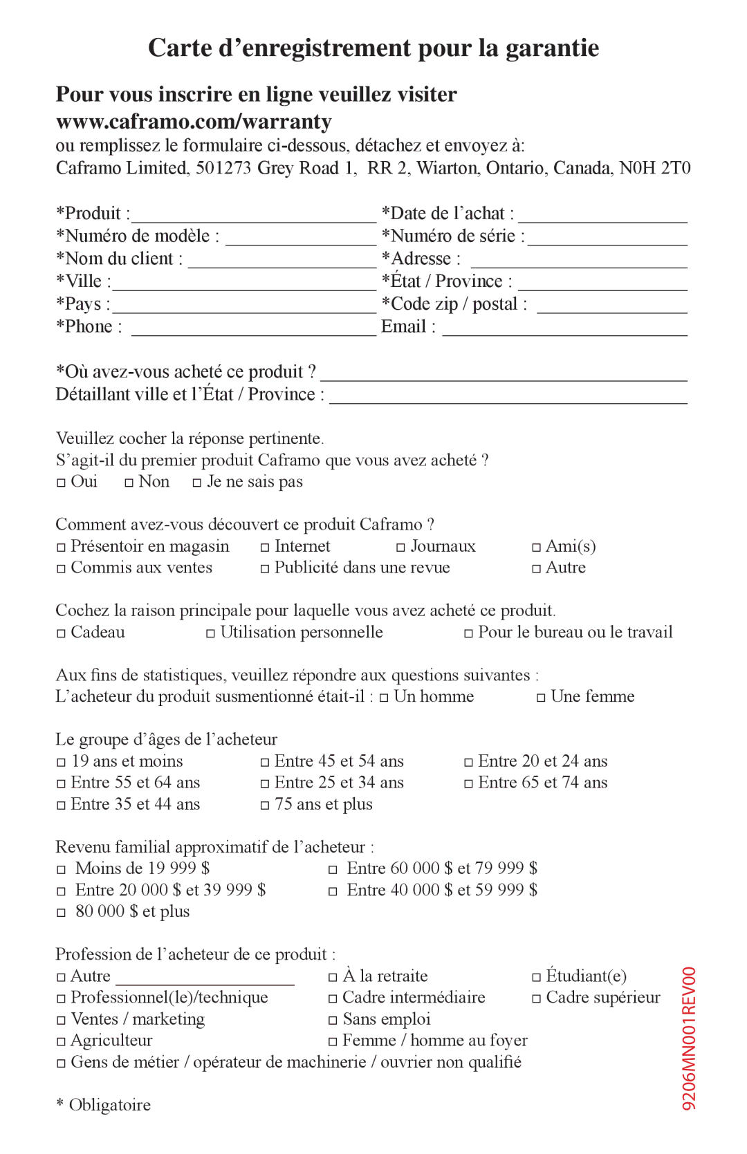 Caframo 9206 operating instructions Carte d’enregistrement pour la garantie, Pour vous inscrire en ligne veuillez visiter 