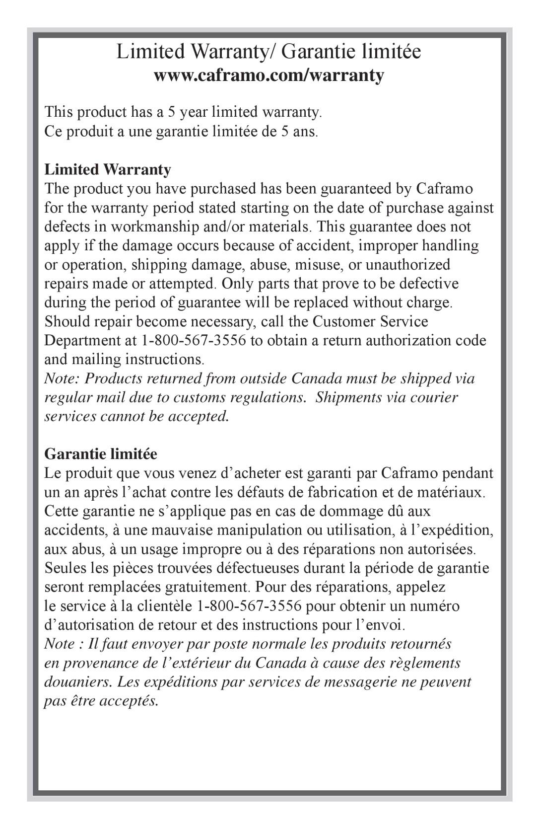 Caframo 9206 operating instructions Limited Warranty, Garantie limitée 