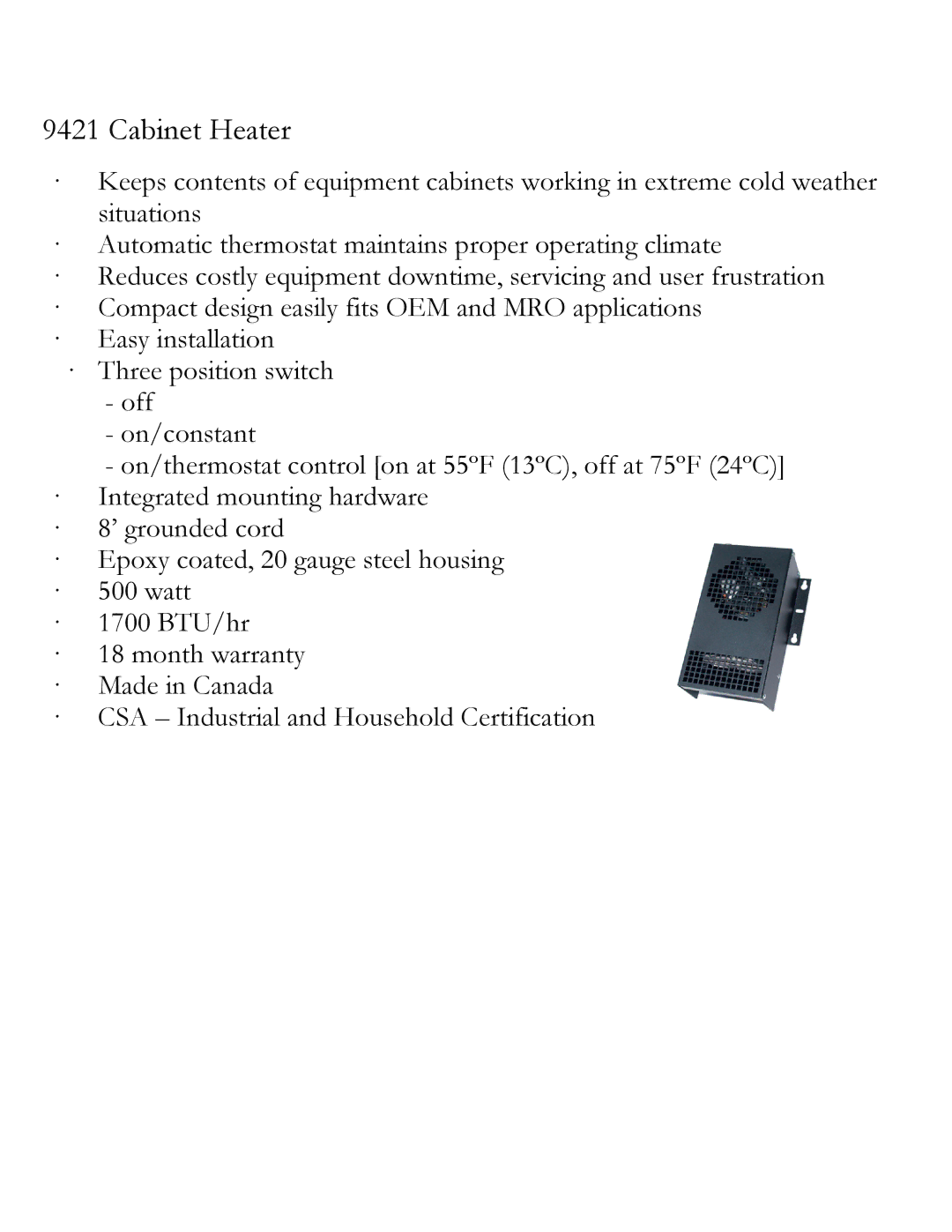 Caframo 9421CA manual Cabinet Heater 