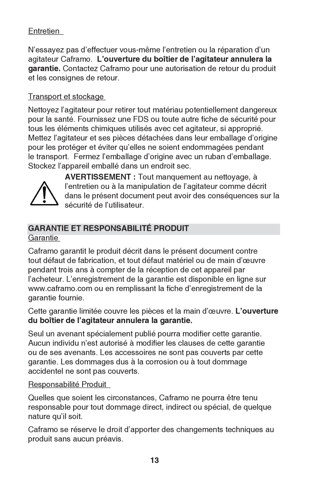 Caframo BDC250 instruction manual Garantie ET Responsabilité Produit 