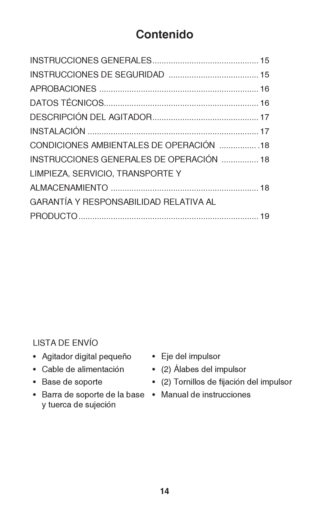 Caframo BDC250 instruction manual Contenido 