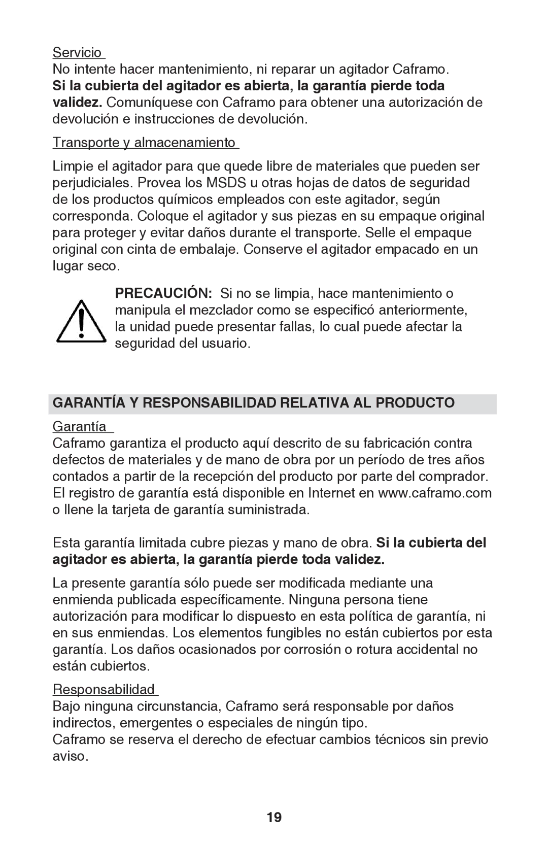 Caframo BDC250 instruction manual Garantía Y Responsabilidad Relativa AL Producto 