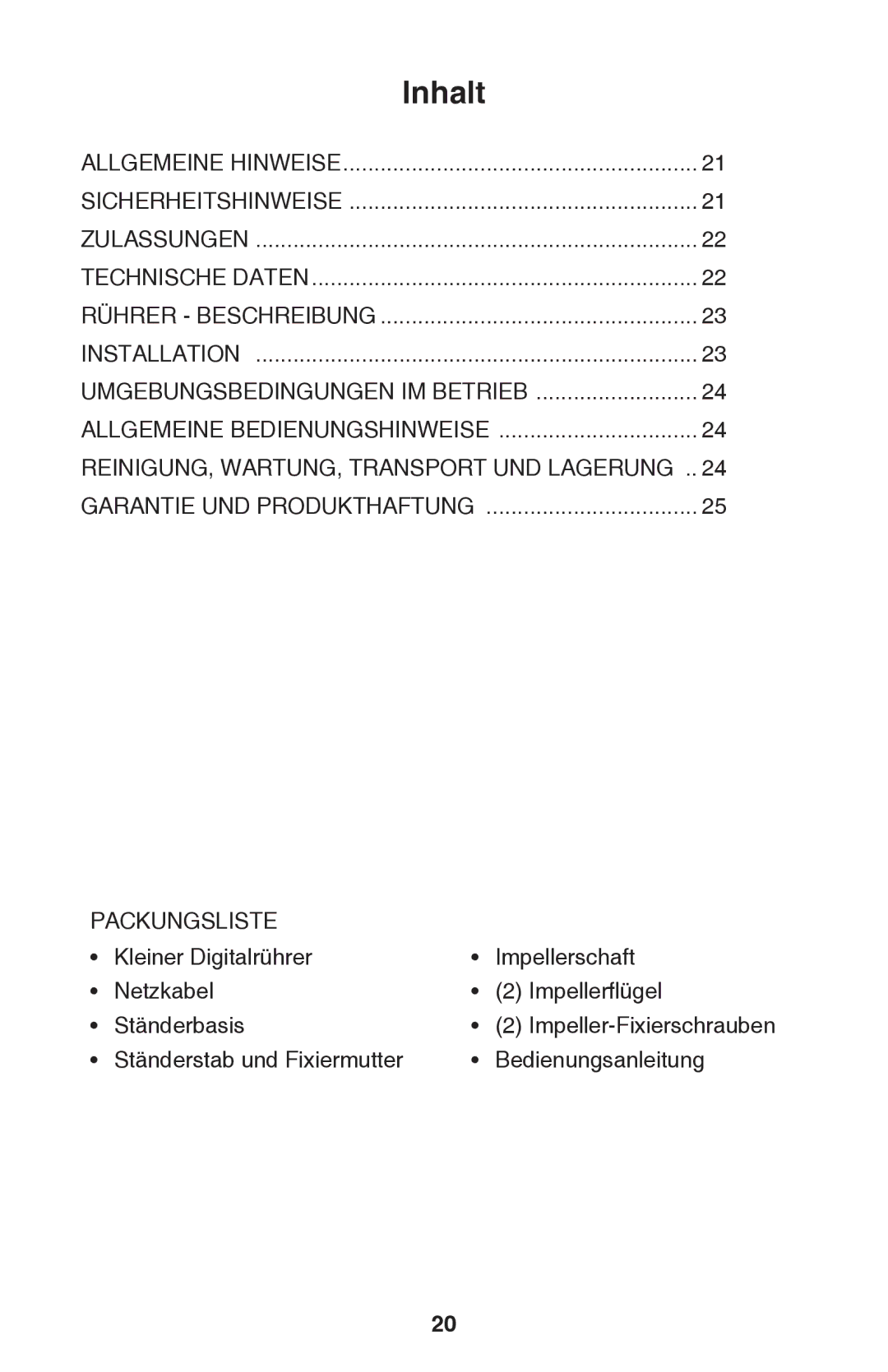 Caframo BDC250 instruction manual Inhalt 