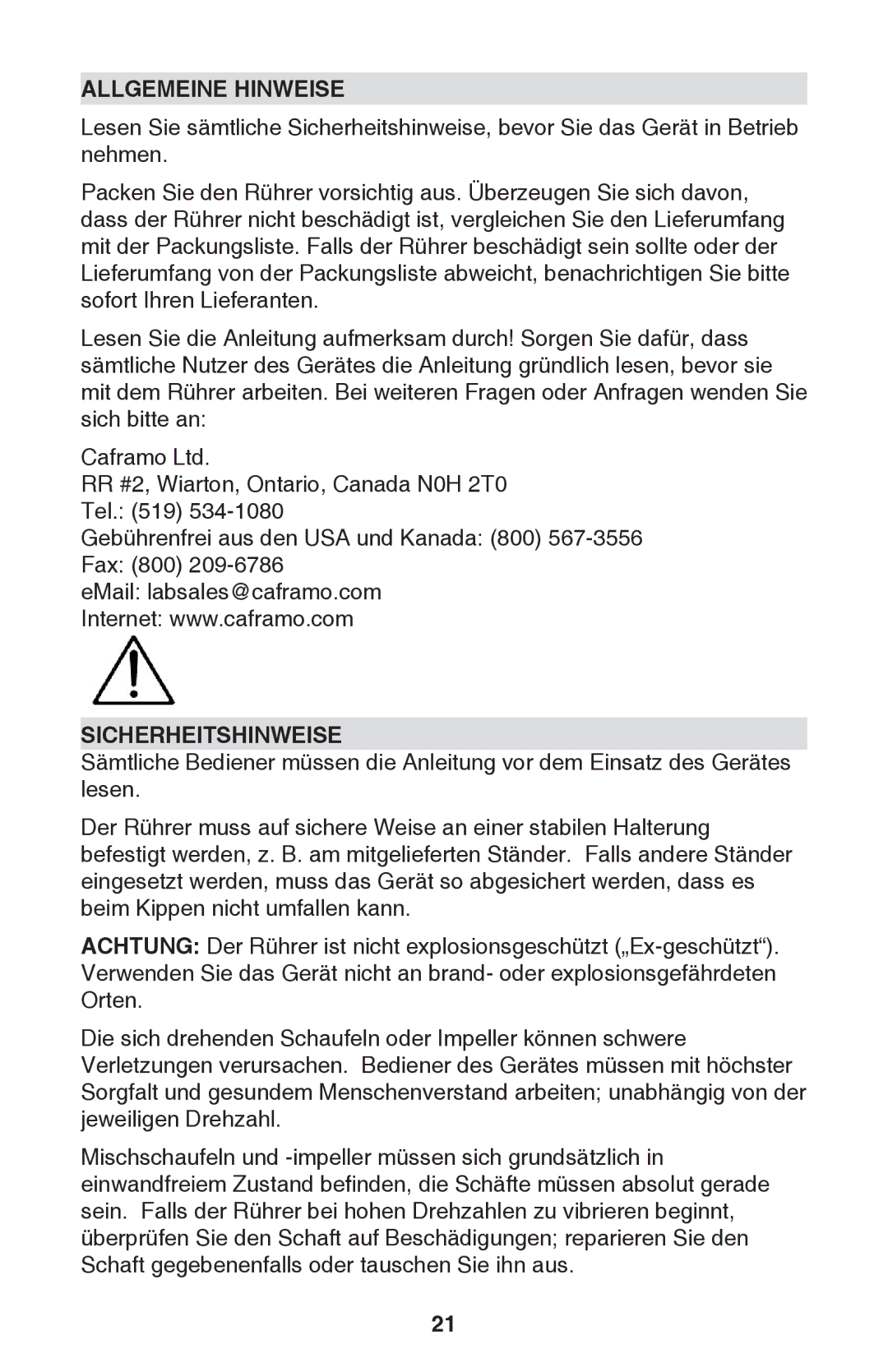 Caframo BDC250 instruction manual Allgemeine Hinweise, Sicherheitshinweise 