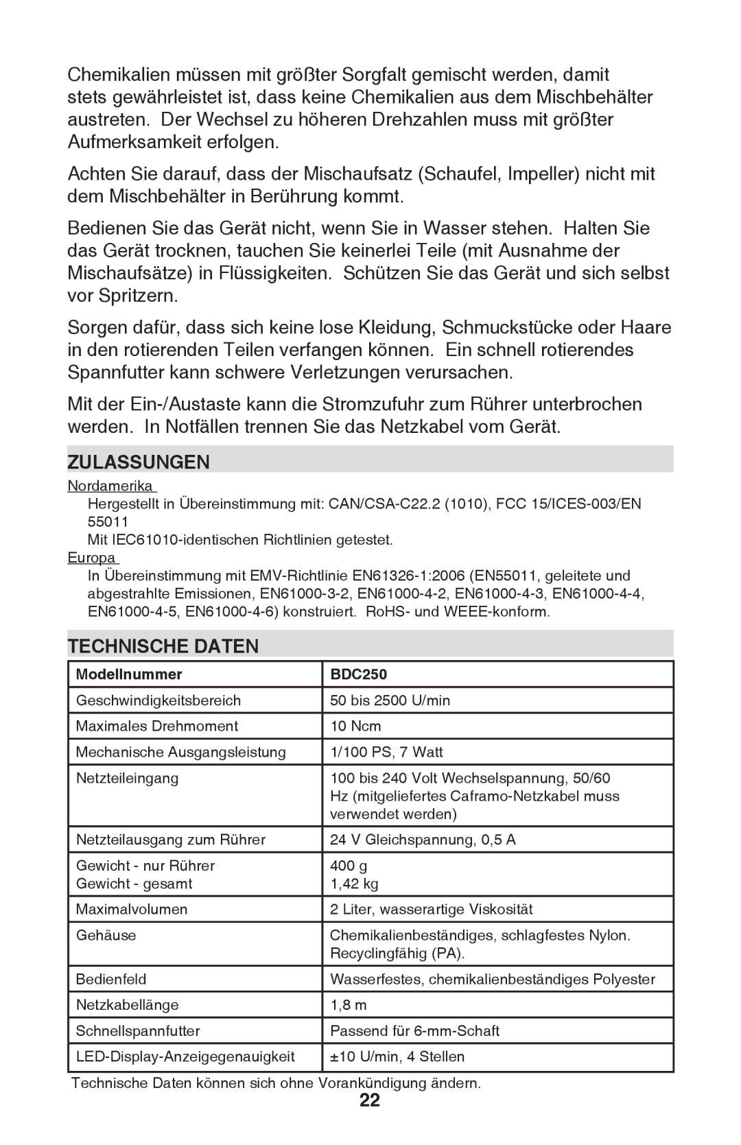 Caframo BDC250 instruction manual Zulassungen, Technische Daten 