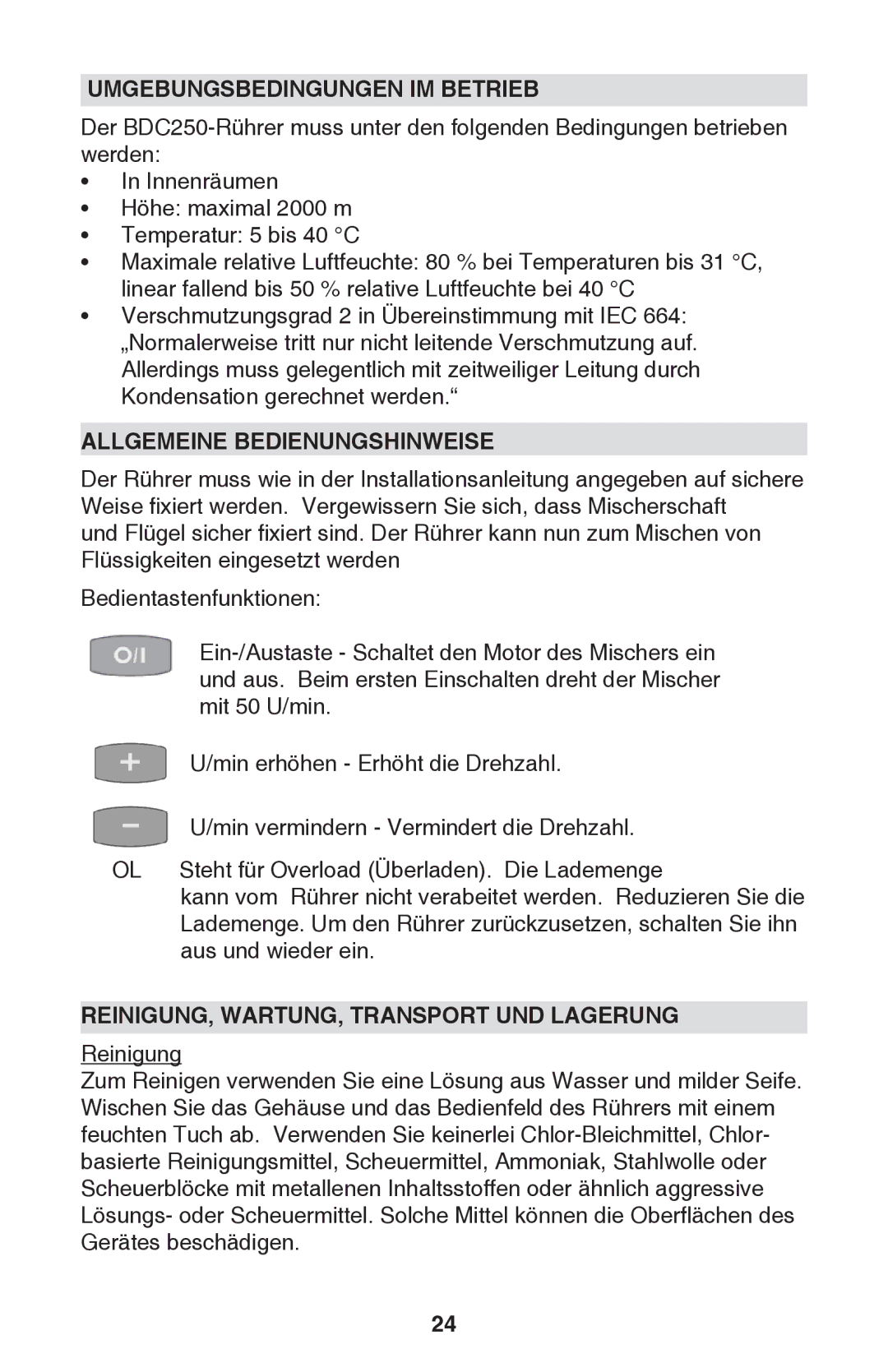 Caframo BDC250 Umgebungsbedingungen IM Betrieb, Allgemeine Bedienungshinweise, REINIGUNG, WARTUNG, Transport UND Lagerung 