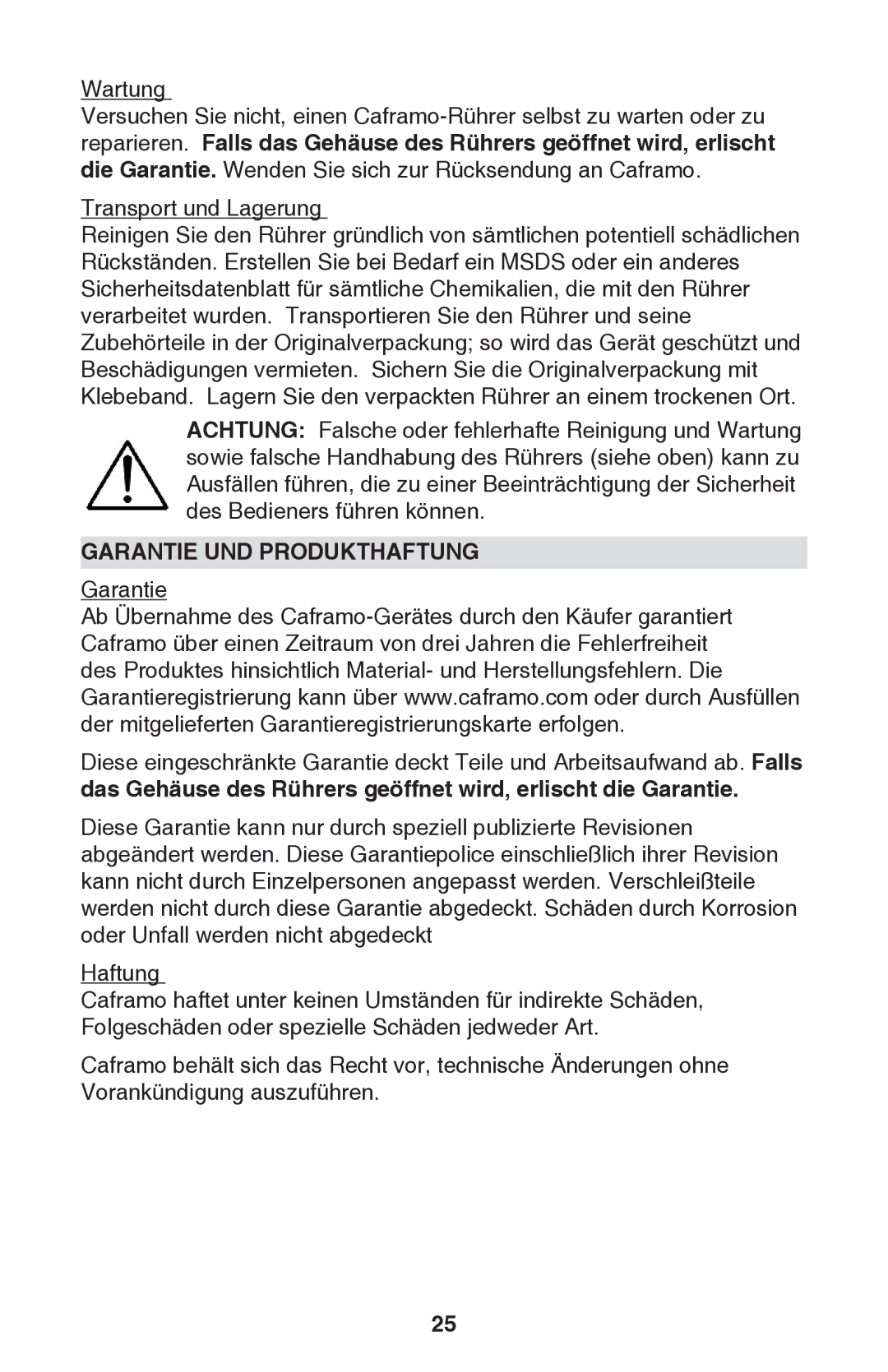 Caframo BDC250 instruction manual Garantie UND Produkthaftung 