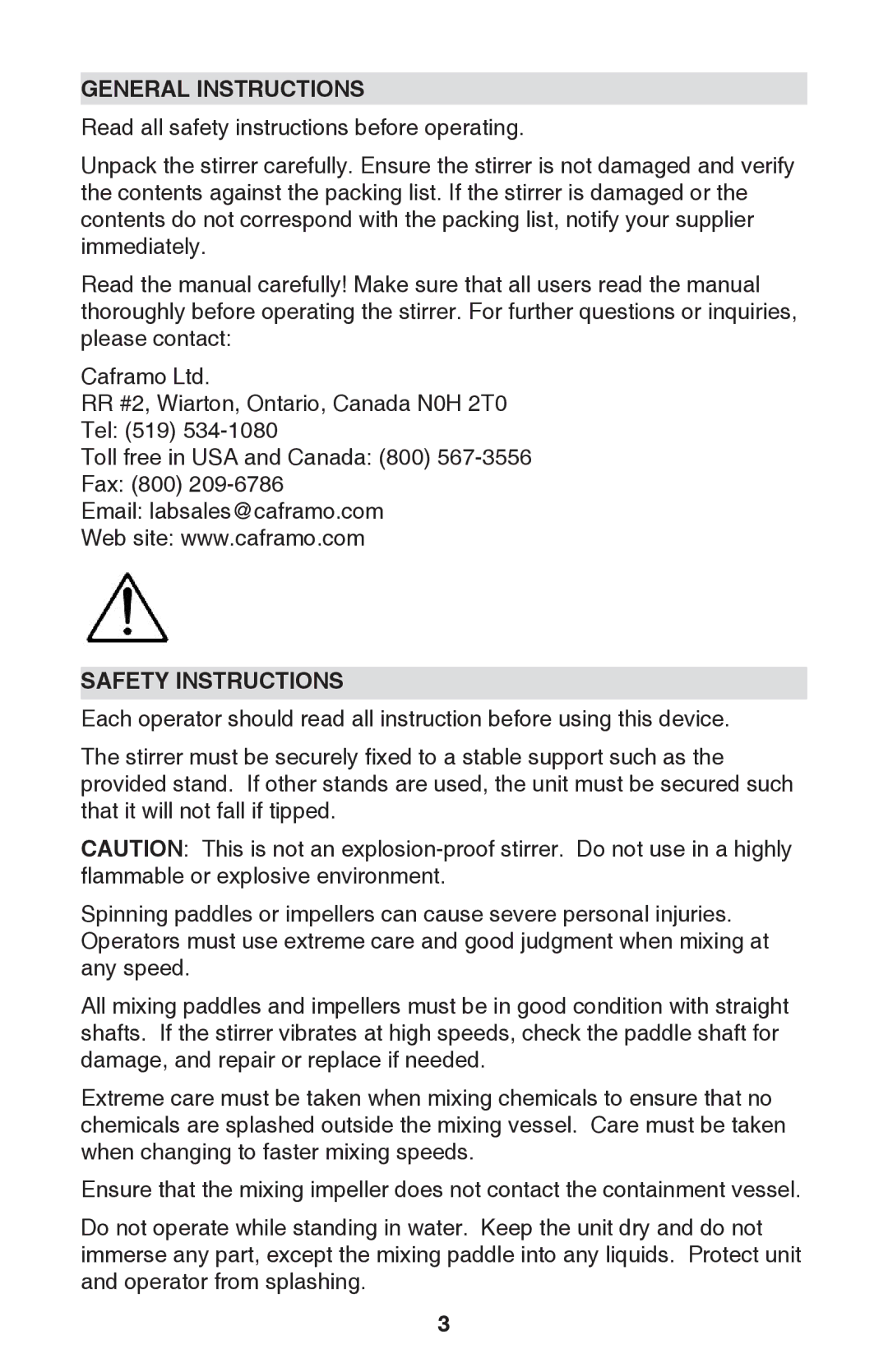 Caframo BDC250 instruction manual General Instructions, Safety Instructions 