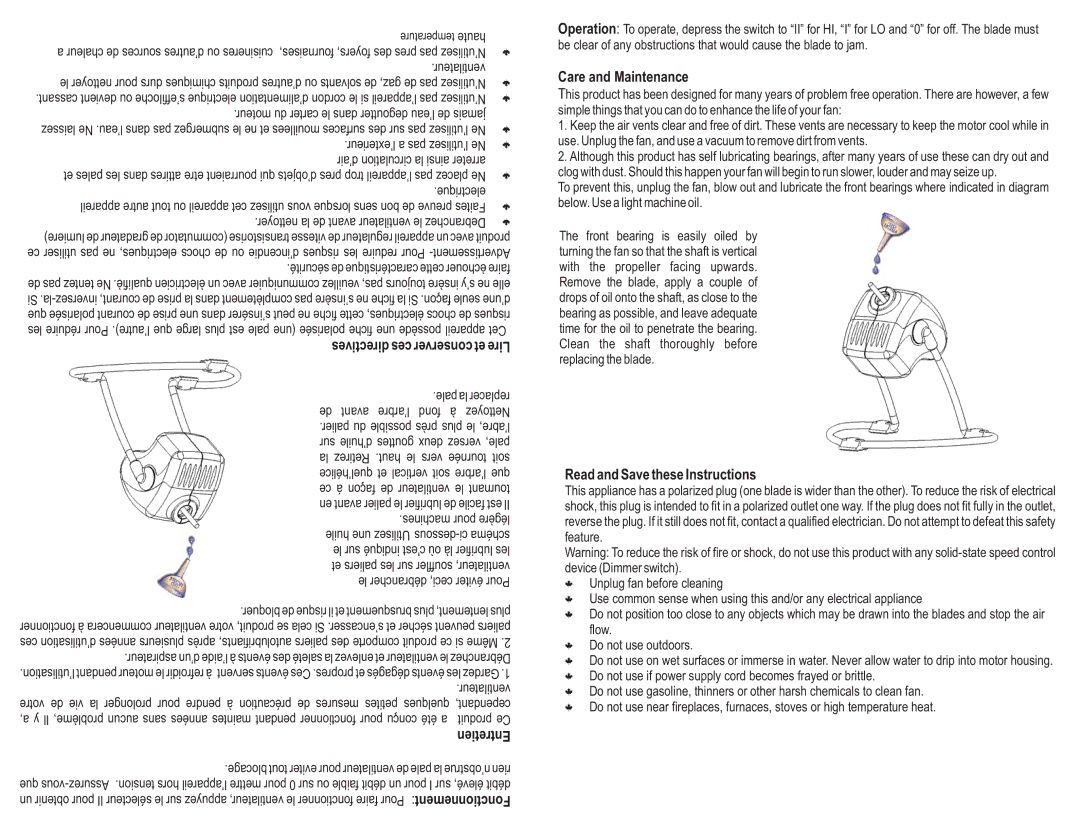 Caframo Chinook manual Care and Maintenance, Read and Save these Instructions, Directives ces conserver et Lire, Entretien 