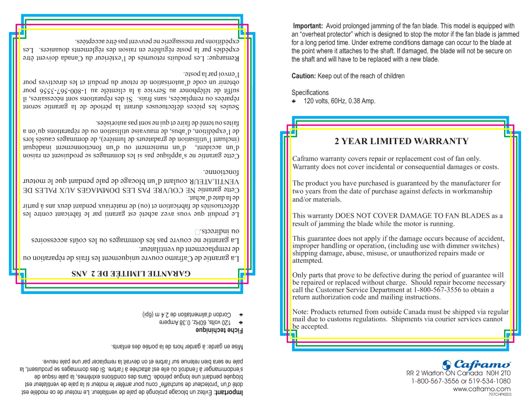 Caframo Chinook manual Year Limited Warranty, ANS 2 DE Limitée Garantie, Techinique Fiche 