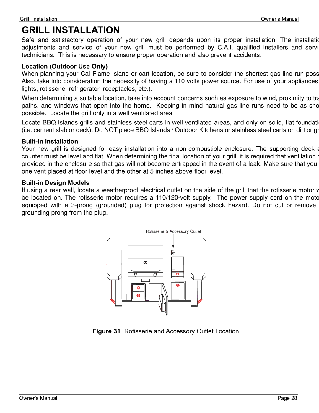 Cal Flame 3000 owner manual Grill Installation, Location Outdoor Use Only, Built-in Installation, Built-in Design Models 