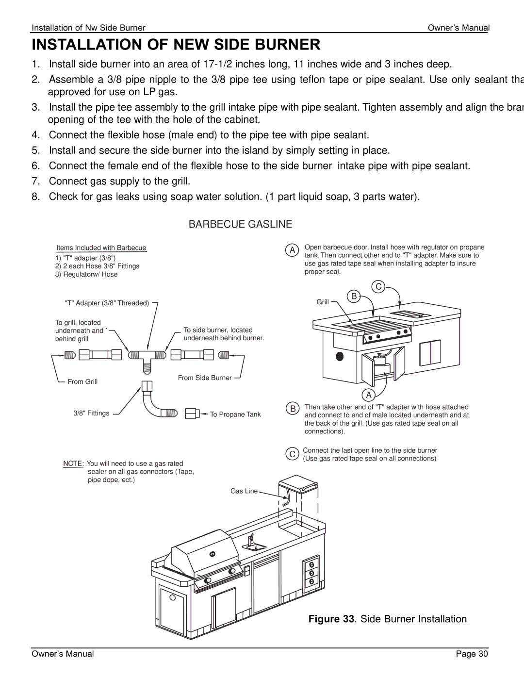 Cal Flame 3000 owner manual Installation of NEW Side Burner, Barbecue Gasline 