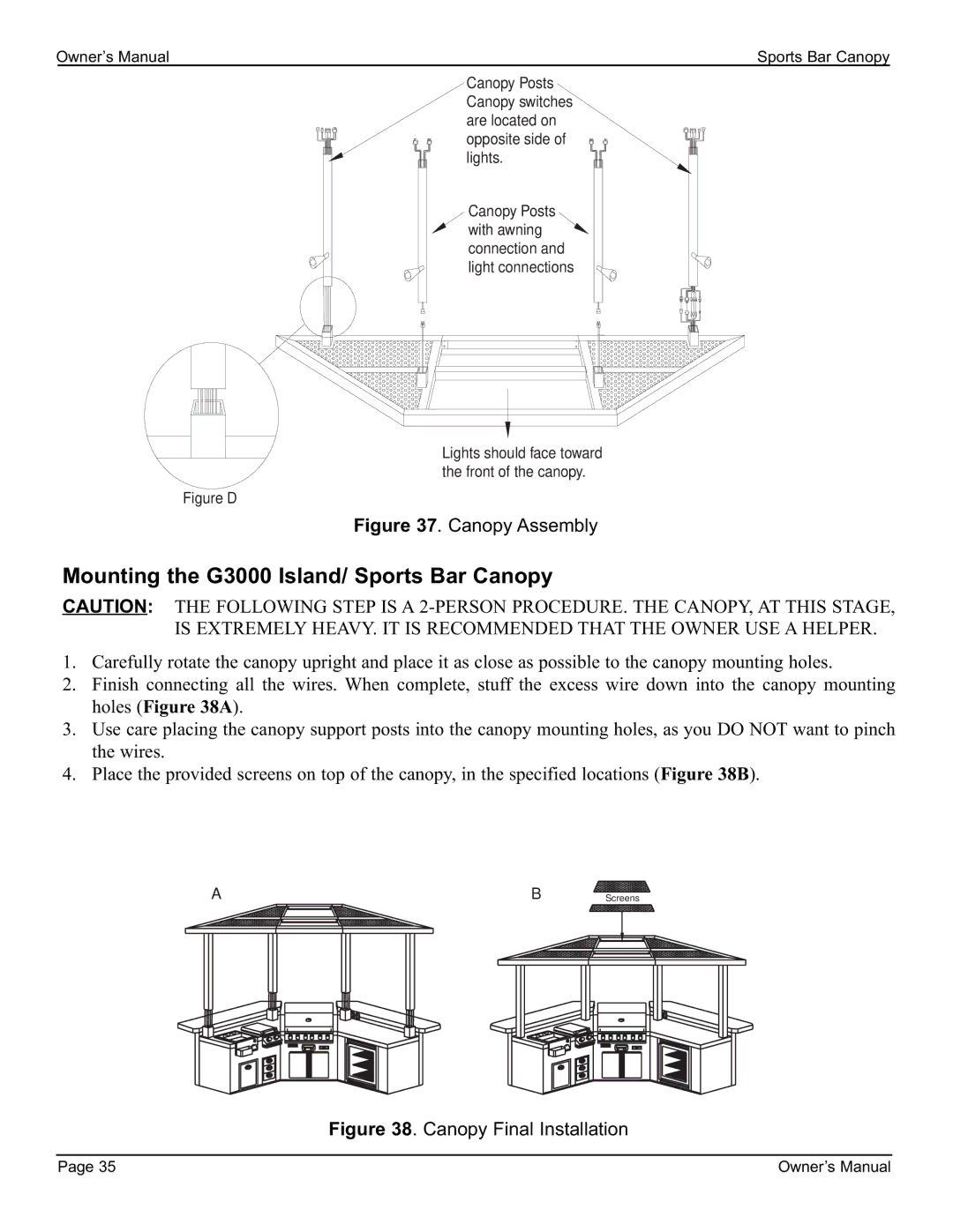 Cal Flame owner manual Mounting the G3000 Island/ Sports Bar Canopy, Figure D 