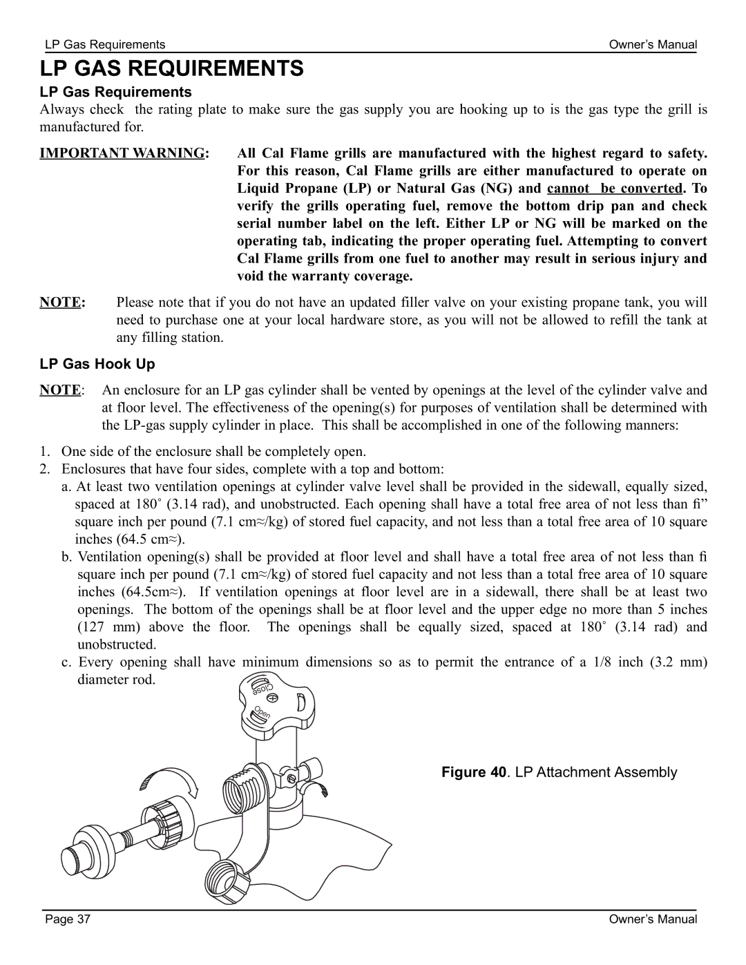 Cal Flame 3000 owner manual LP GAS Requirements, LP Gas Requirements, LP Gas Hook Up 