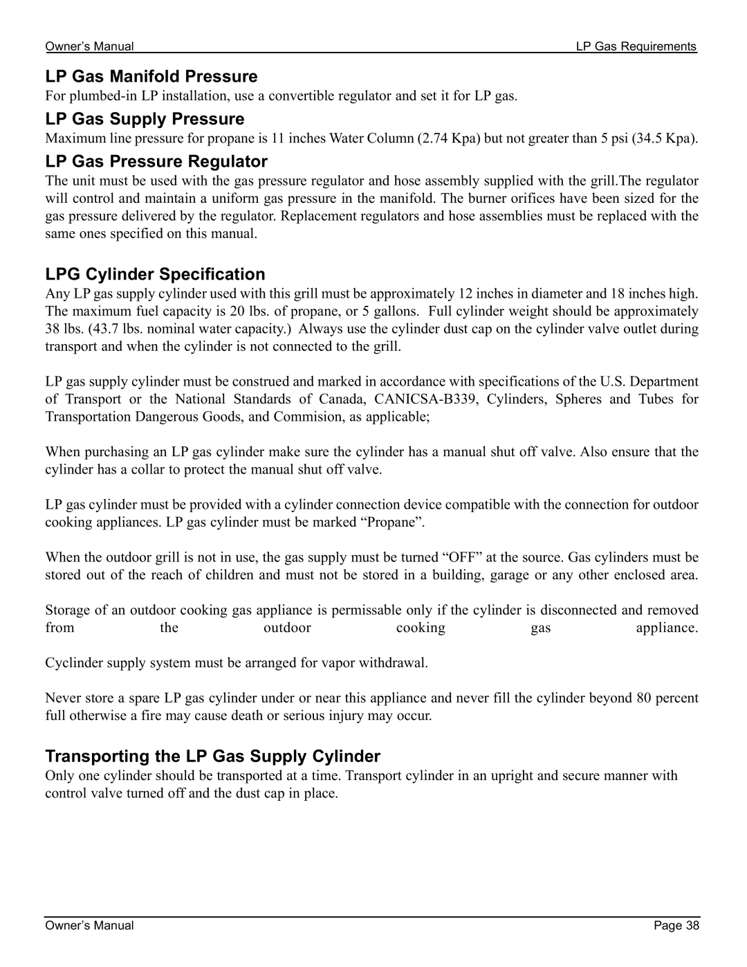 Cal Flame 3000 LP Gas Manifold Pressure, LP Gas Supply Pressure, LP Gas Pressure Regulator, LPG Cylinder Specification 