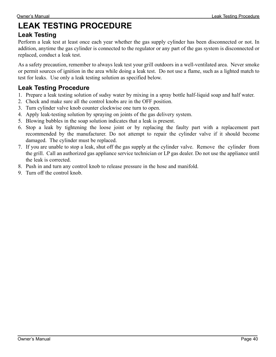 Cal Flame 3000 owner manual Leak Testing Procedure 