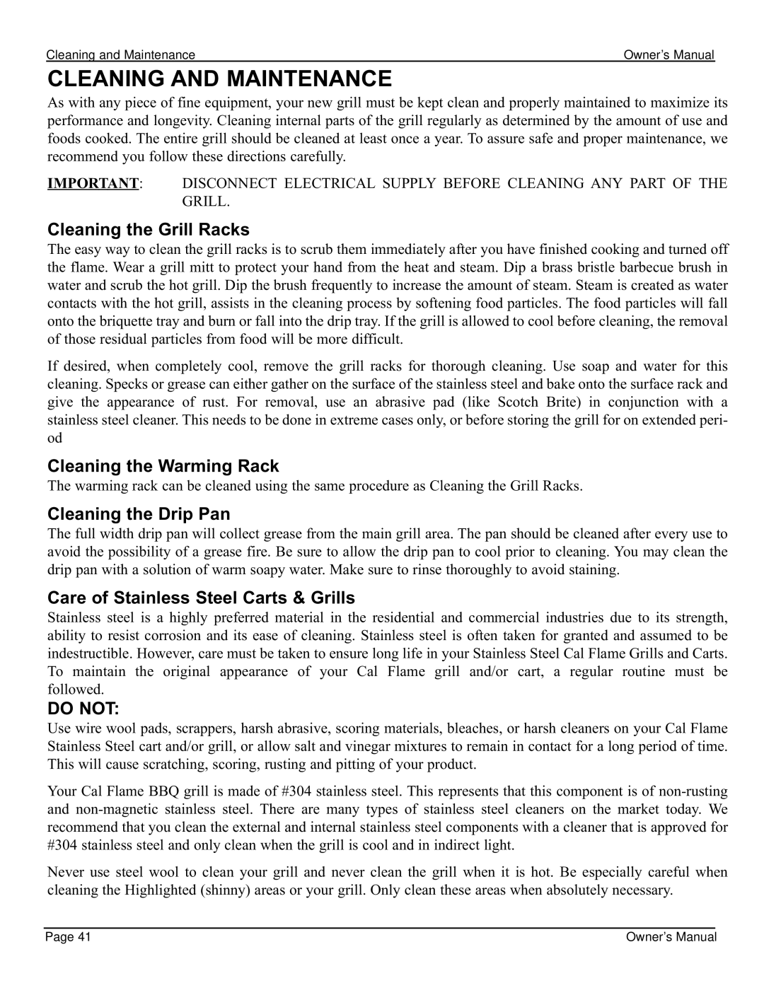 Cal Flame 3000 Cleaning and Maintenance, Cleaning the Grill Racks, Cleaning the Warming Rack, Cleaning the Drip Pan 