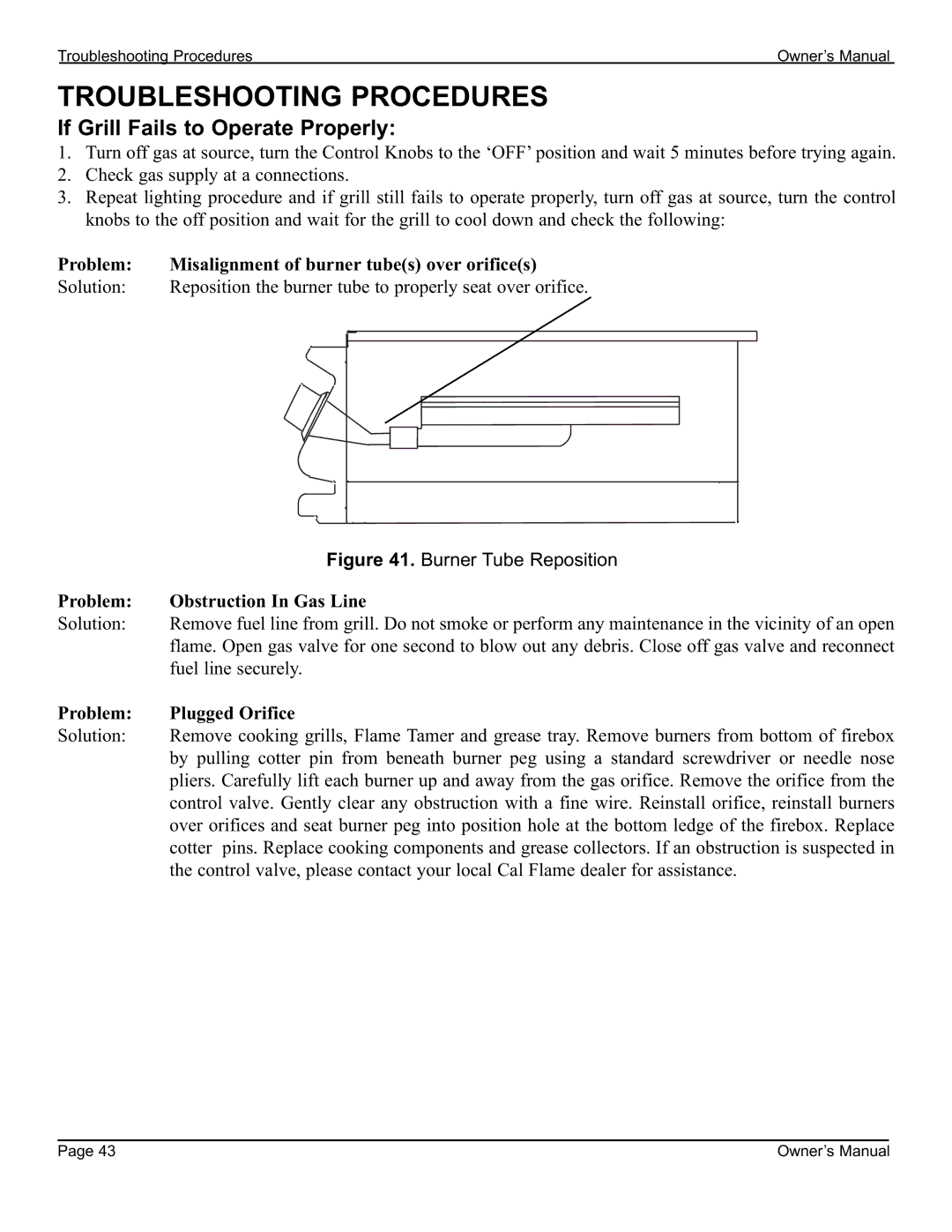 Cal Flame 3000 owner manual Troubleshooting Procedures, If Grill Fails to Operate Properly, Problem Obstruction In Gas Line 