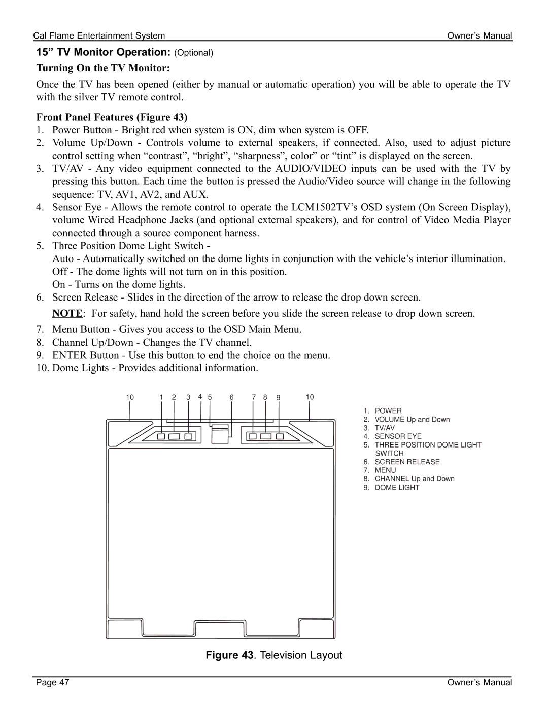 Cal Flame 3000 owner manual TV Monitor Operation Optional, Turning On the TV Monitor, Front Panel Features Figure 