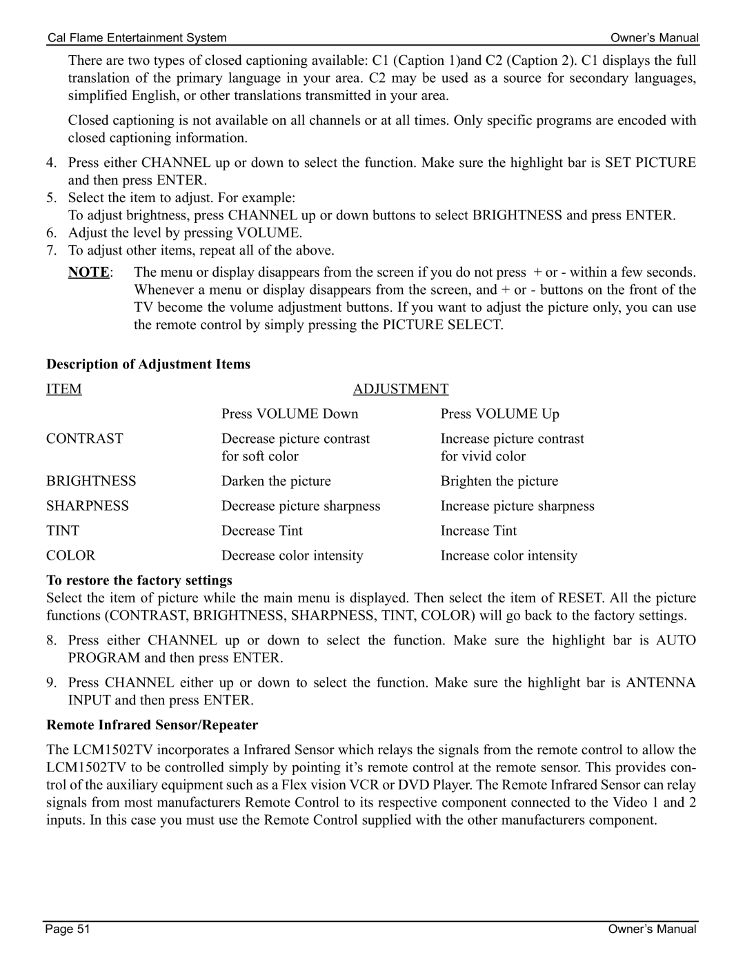 Cal Flame 3000 Description of Adjustment Items, To restore the factory settings, Remote Infrared Sensor/Repeater 