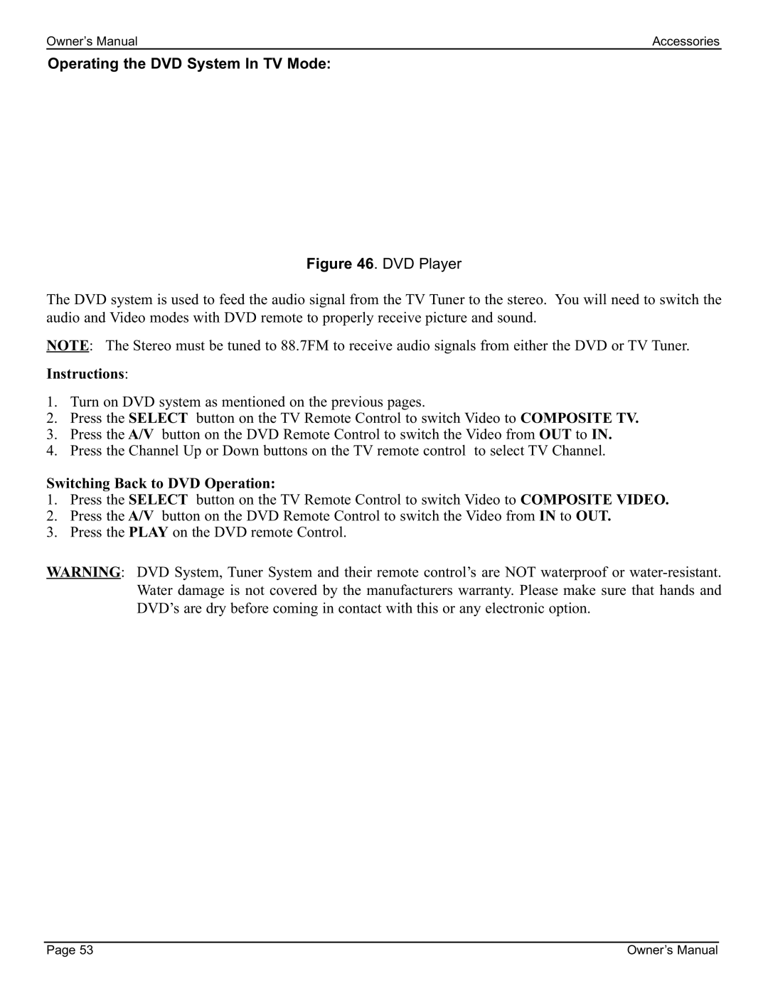 Cal Flame 3000 owner manual Operating the DVD System In TV Mode, Instructions, Switching Back to DVD Operation 