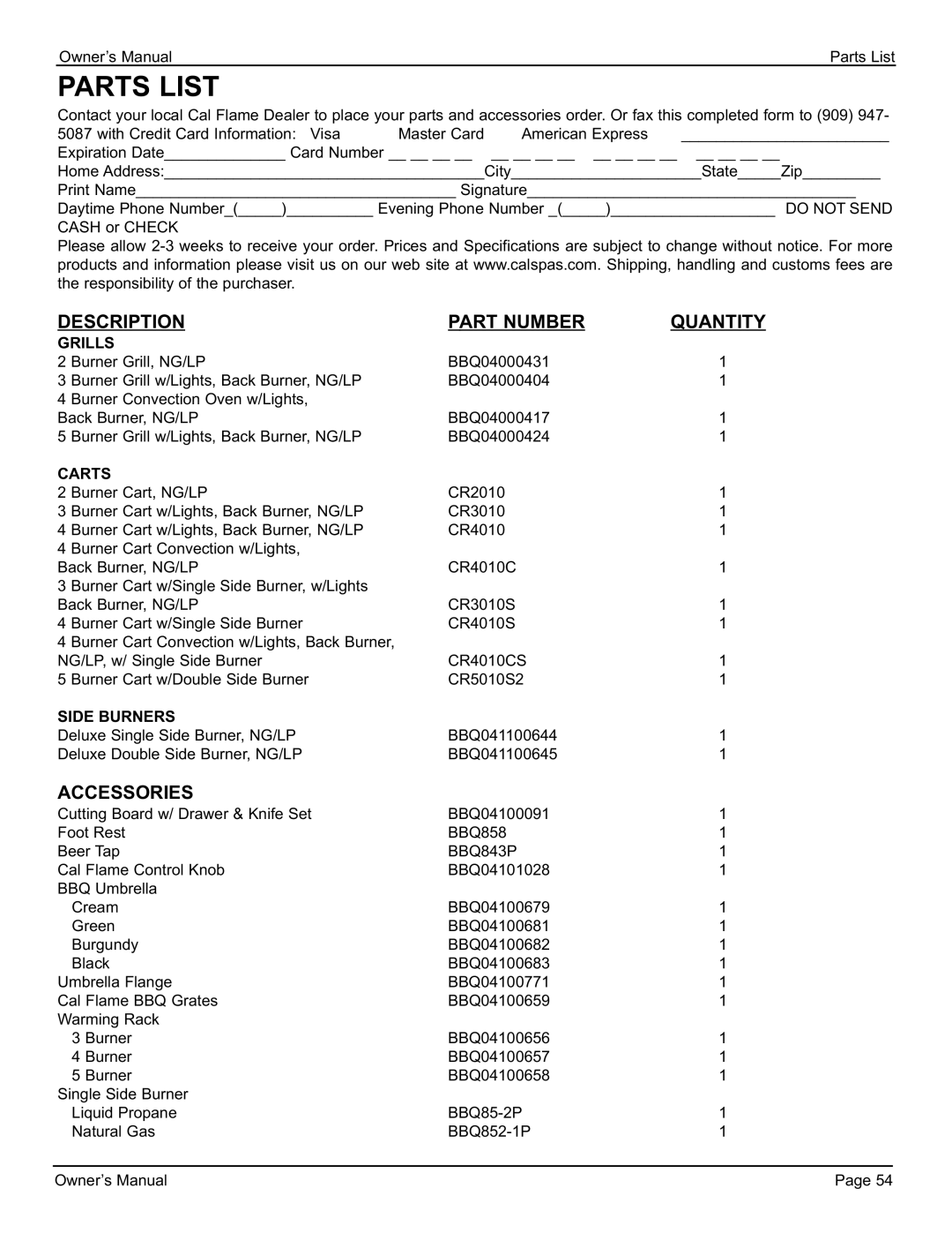 Cal Flame 3000 owner manual Parts List, Description Part Number Quantity 