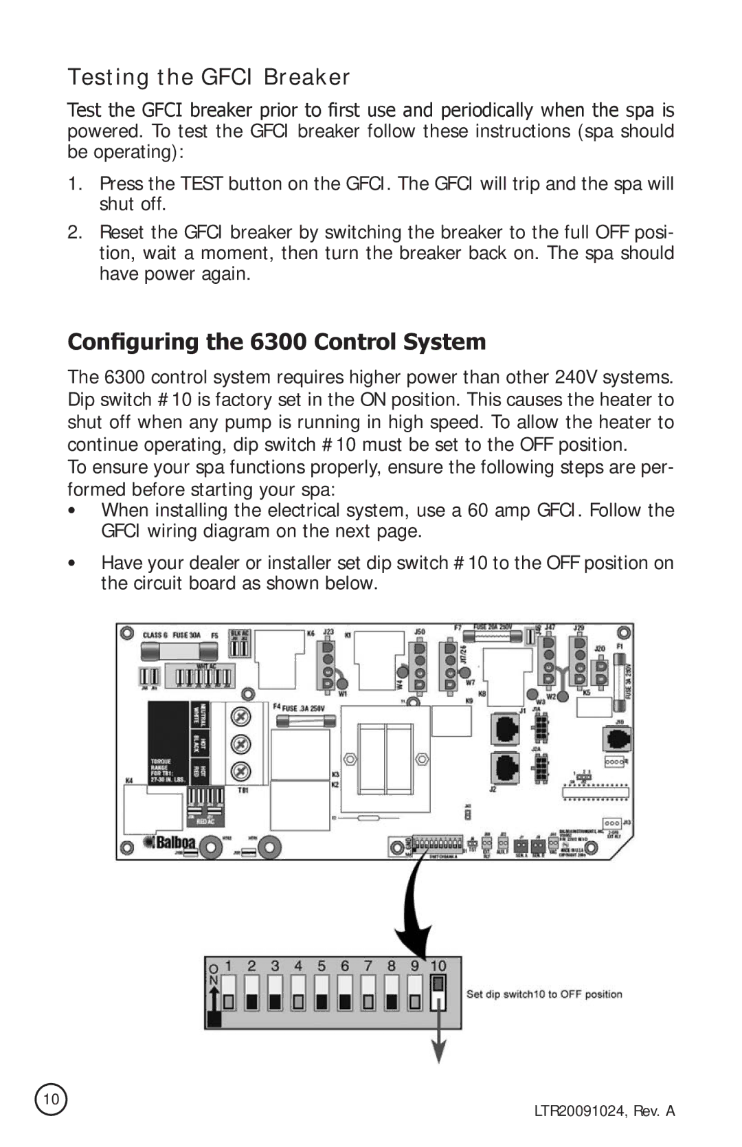 Cal Flame A726L, A734B, A515, A734L, A534, A726B, A526 manual Testing the Gfci Breaker, Configuring the 6300 Control System 