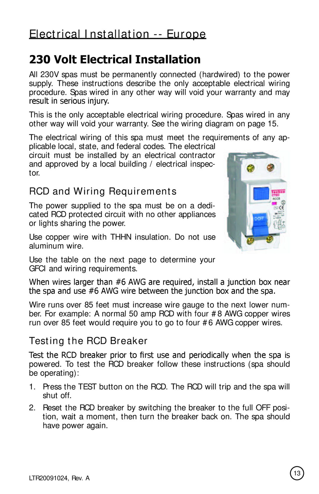 Cal Flame A515, A734B, A734L, A534, A726B, A726L, A526 manual RCD and Wiring Requirements, Testing the RCD Breaker 