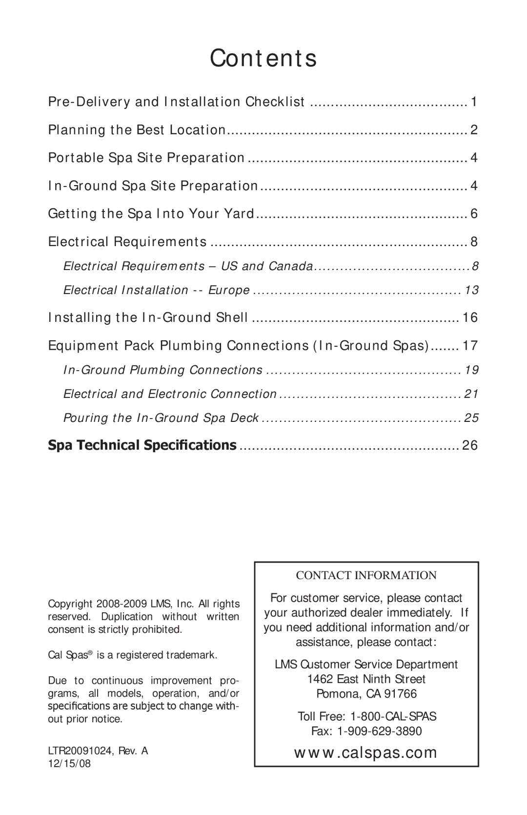 Cal Flame A734L, A734B, A515, A534, A726B, A726L, A526 manual Contents 