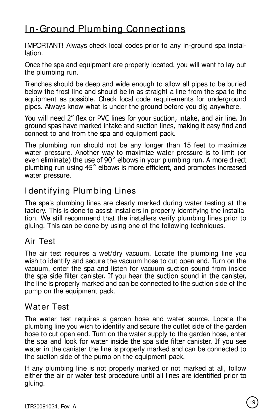 Cal Flame A734B, A515, A734L, A534, A726B In-Ground Plumbing Connections, Identifying Plumbing Lines, Air Test, Water Test 