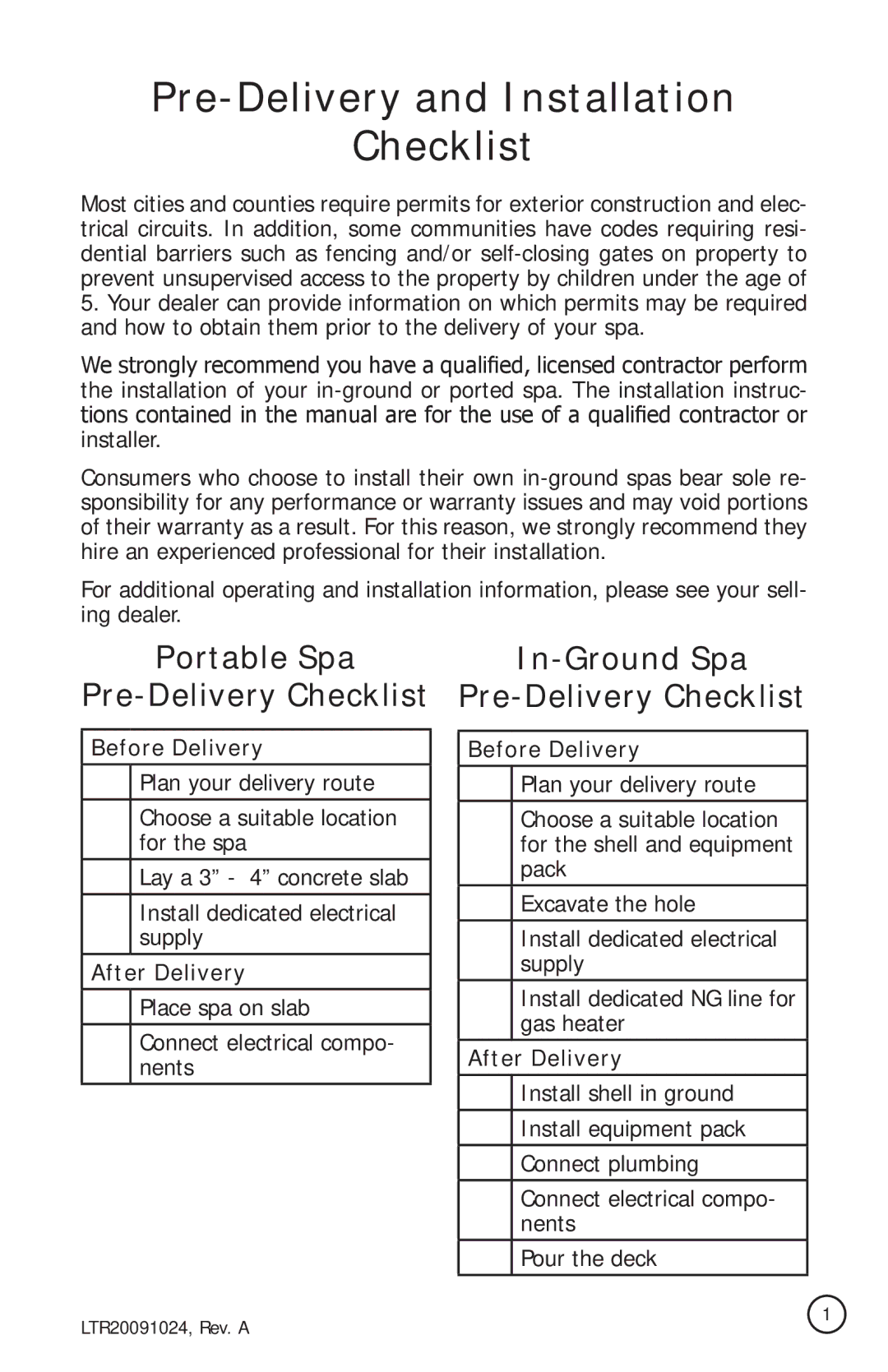 Cal Flame A534, A734B, A515, A526 Pre-Delivery and Installation Checklist, Portable Spa In-Ground Spa Pre-Delivery Checklist 