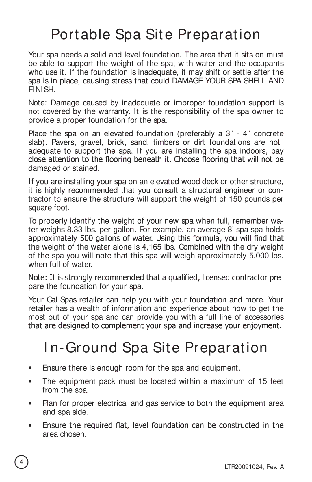 Cal Flame A526, A734B, A515, A734L, A534, A726B, A726L manual Portable Spa Site Preparation, In-Ground Spa Site Preparation 