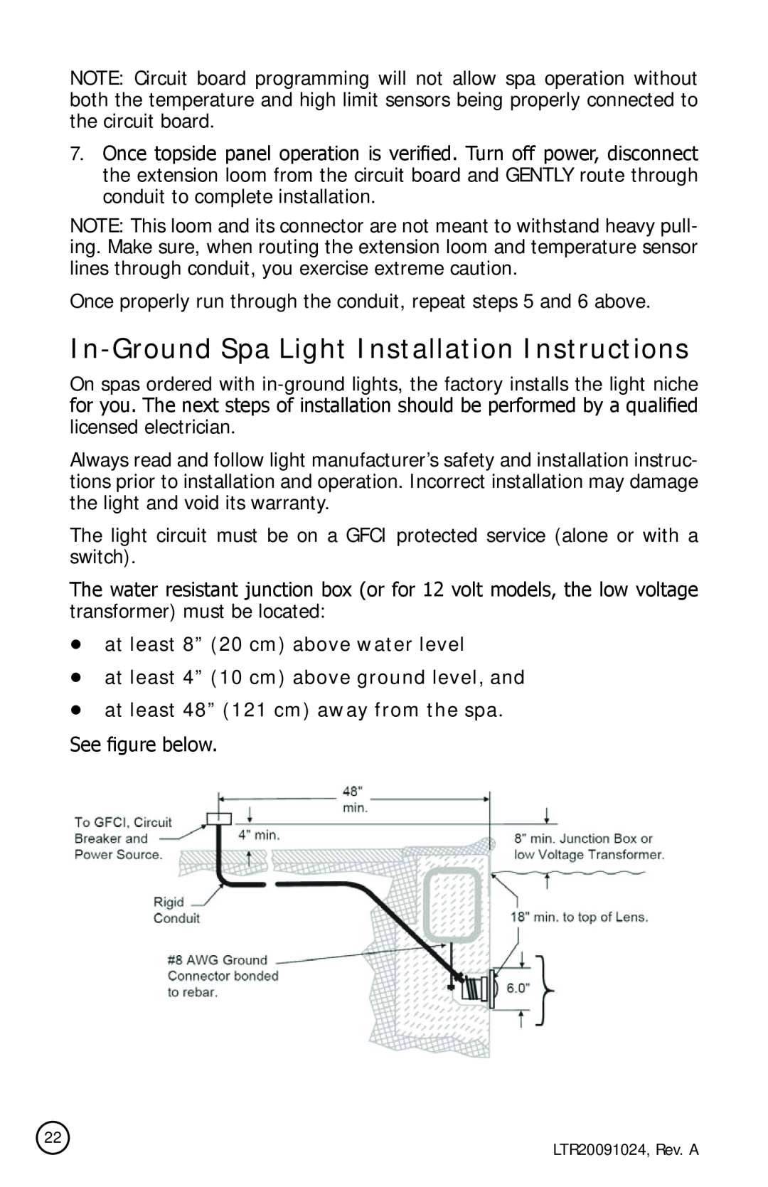 Cal Flame A534, A734B, A515, A734L, A726B In-GroundSpa Light Installation Instructions, at least 8” 20 cm above water level 