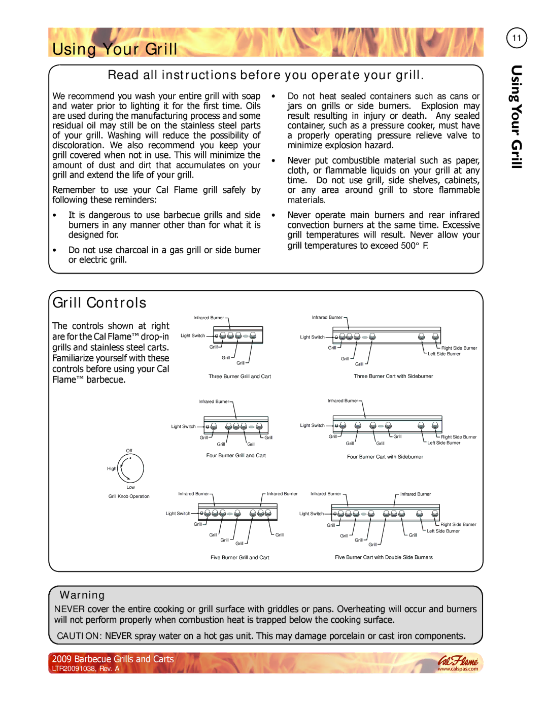 Cal Flame Barbecue Grills & Carts manual Using Your Grill, Grill Controls 