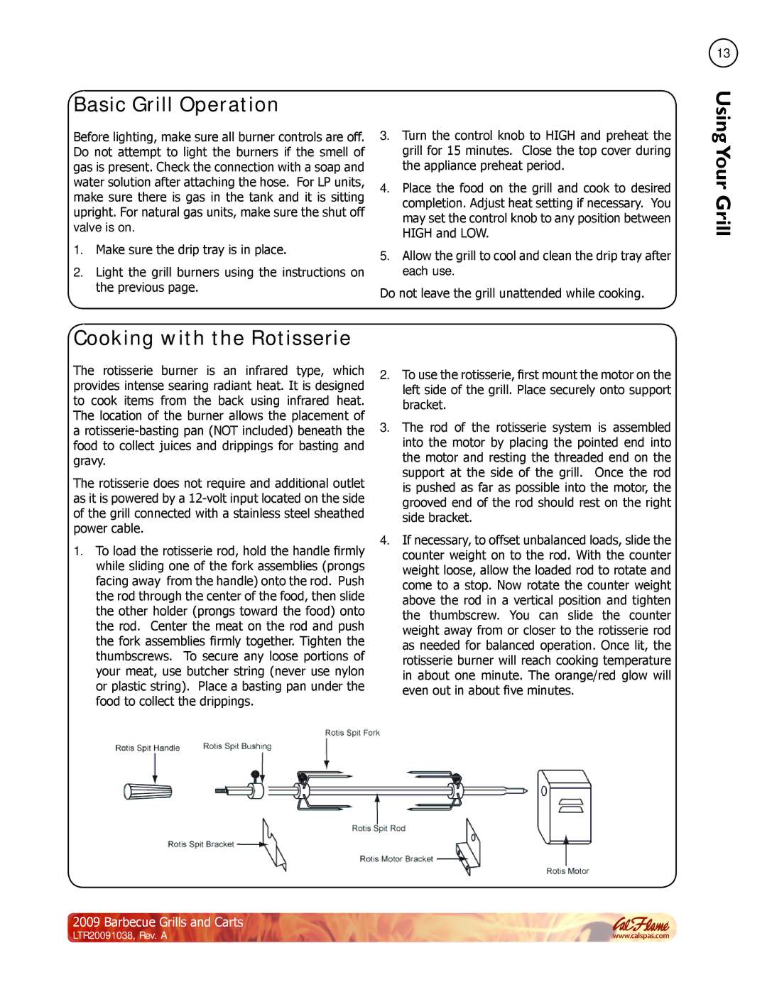 Cal Flame Barbecue Grills & Carts manual Basic Grill Operation, Cooking with the Rotisserie 