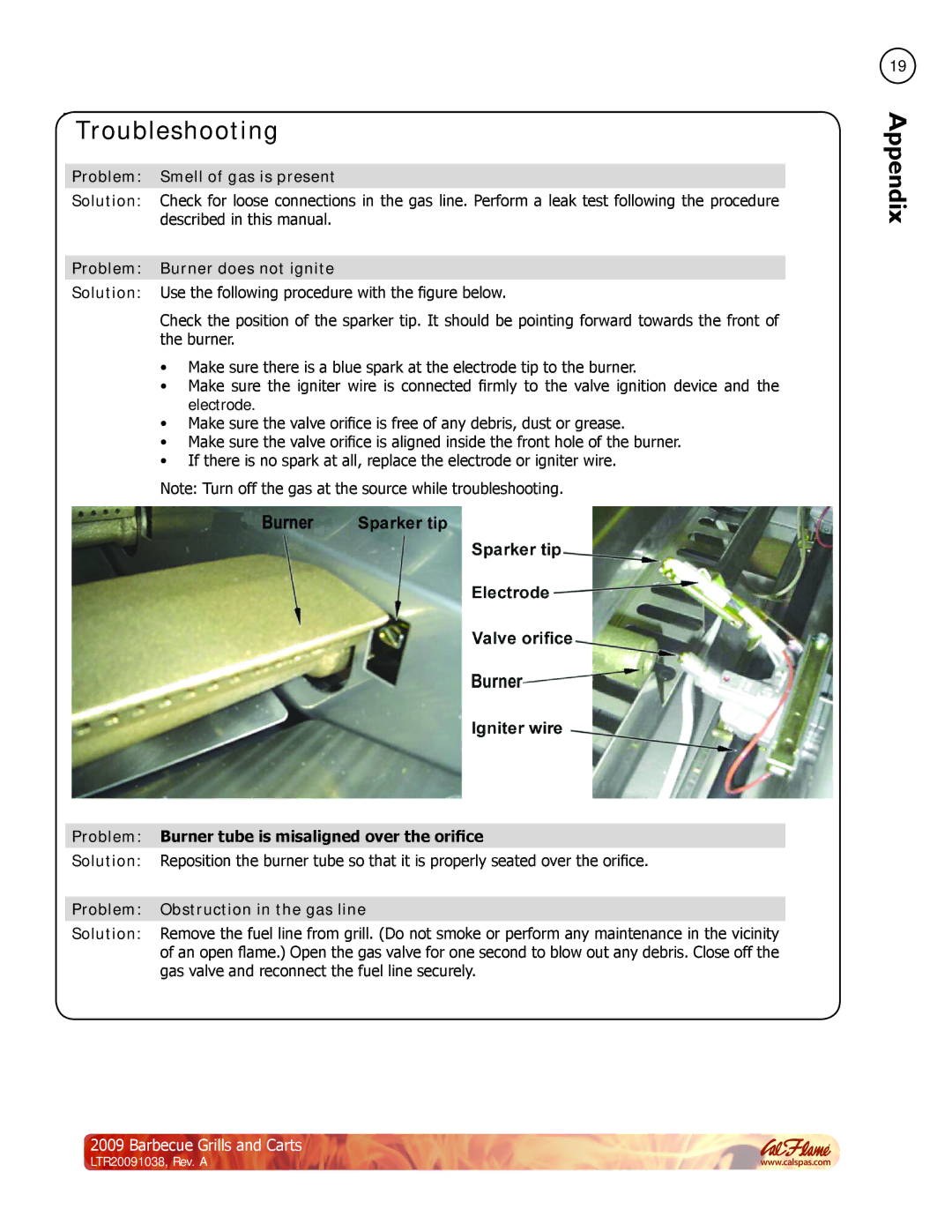 Cal Flame Barbecue Grills & Carts AppendixTroubleshooting, Problem Smell of gas is present, Problem Burner does not ignite 