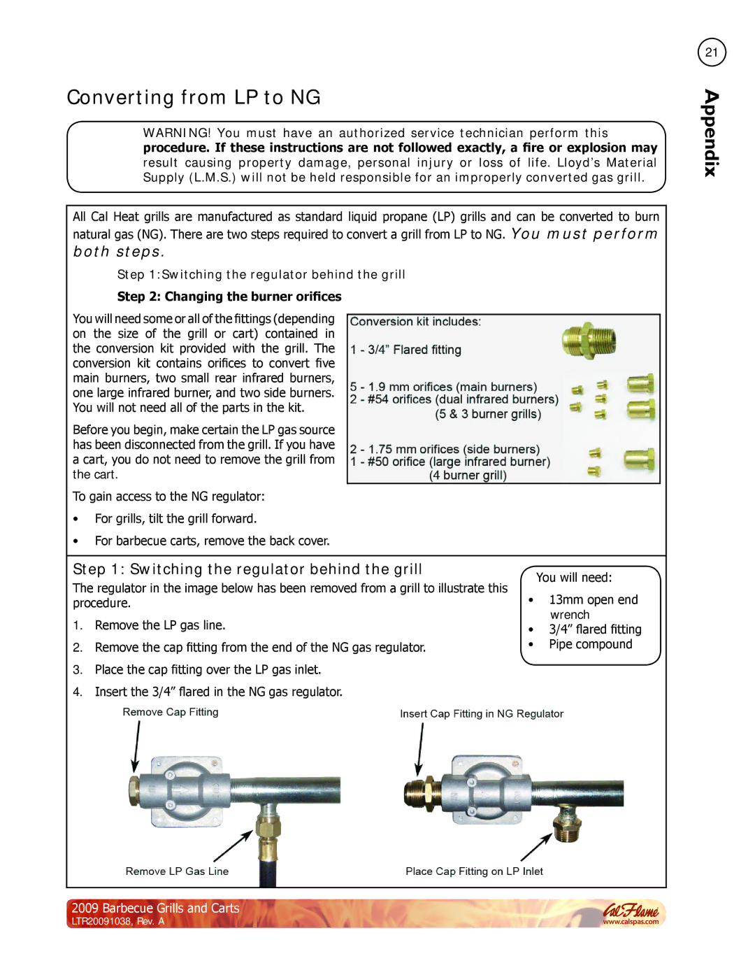 Cal Flame Barbecue Grills & Carts manual Converting from LP to NG, Switching the regulator behind the grill 