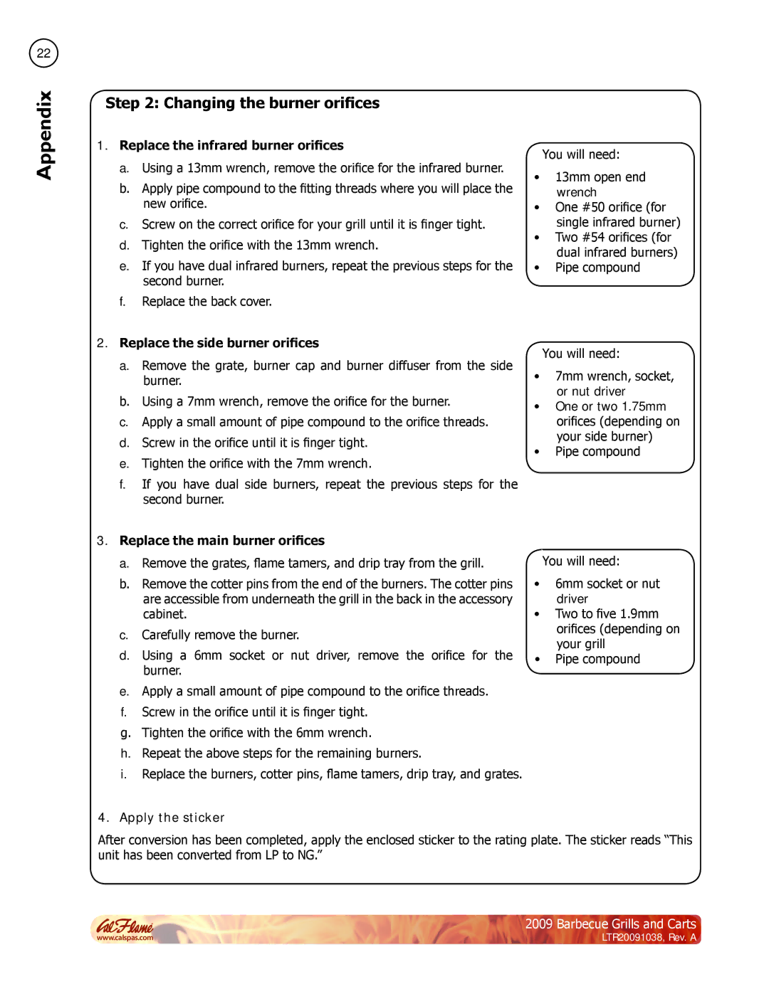 Cal Flame Barbecue Grills & Carts Changing the burner orifices, Replace the infrared burner orifices, Apply the sticker 