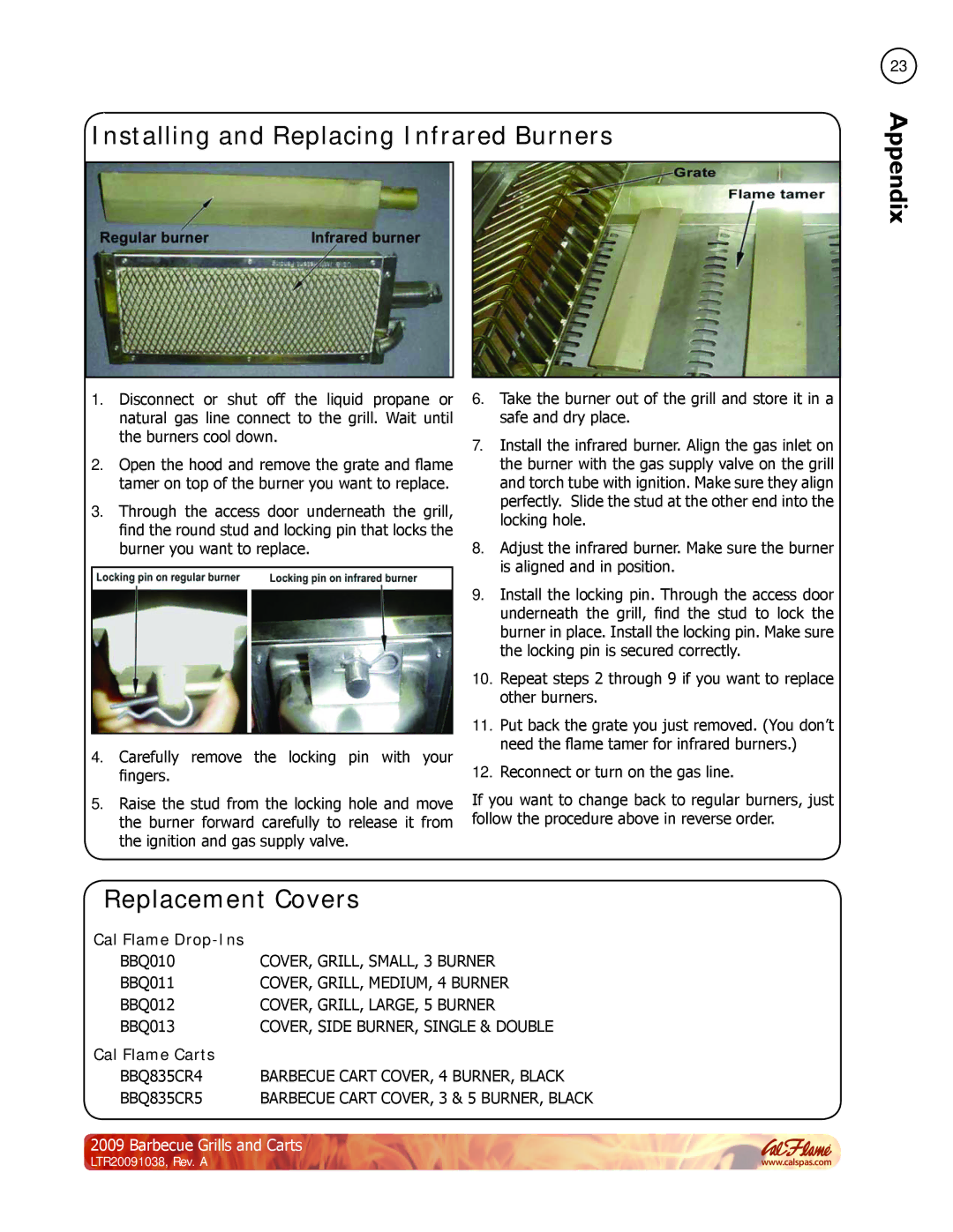 Cal Flame Barbecue Grills & Carts manual Installing and Replacing Infrared Burners, Replacement Covers, Cal Flame Drop-Ins 