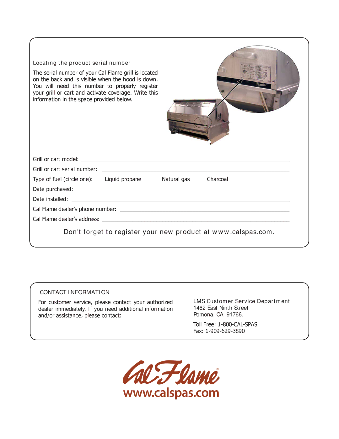 Cal Flame Barbecue Grills & Carts manual Locating the product serial number, LMS Customer Service Department 