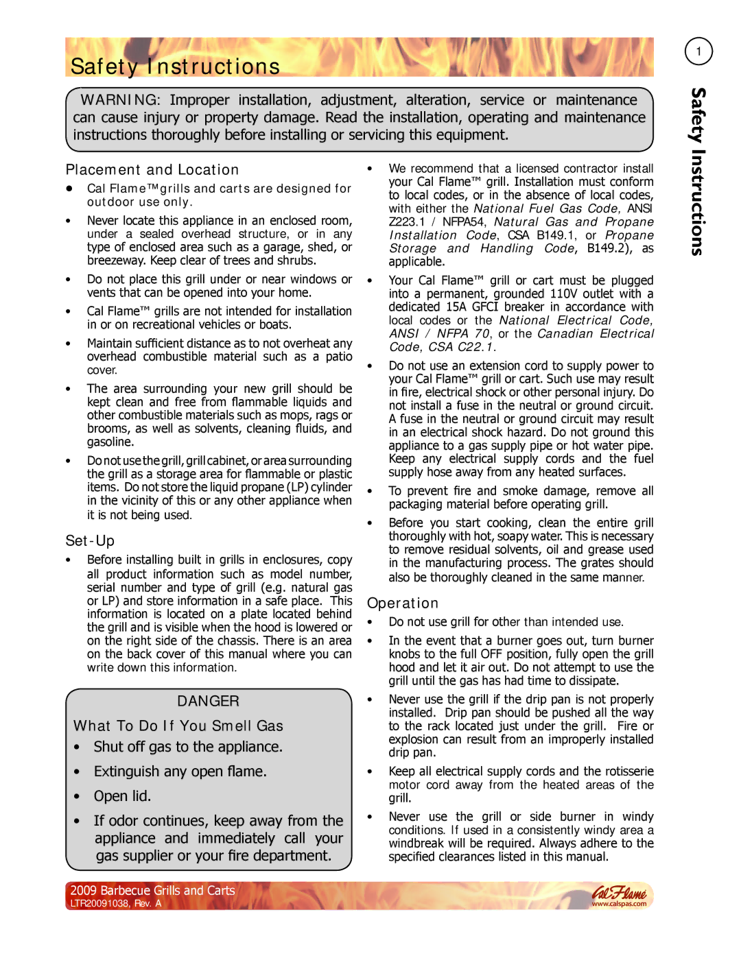 Cal Flame Barbecue Grills & Carts manual Placement and Location, Set-Up, What To Do If You Smell Gas, Operation 