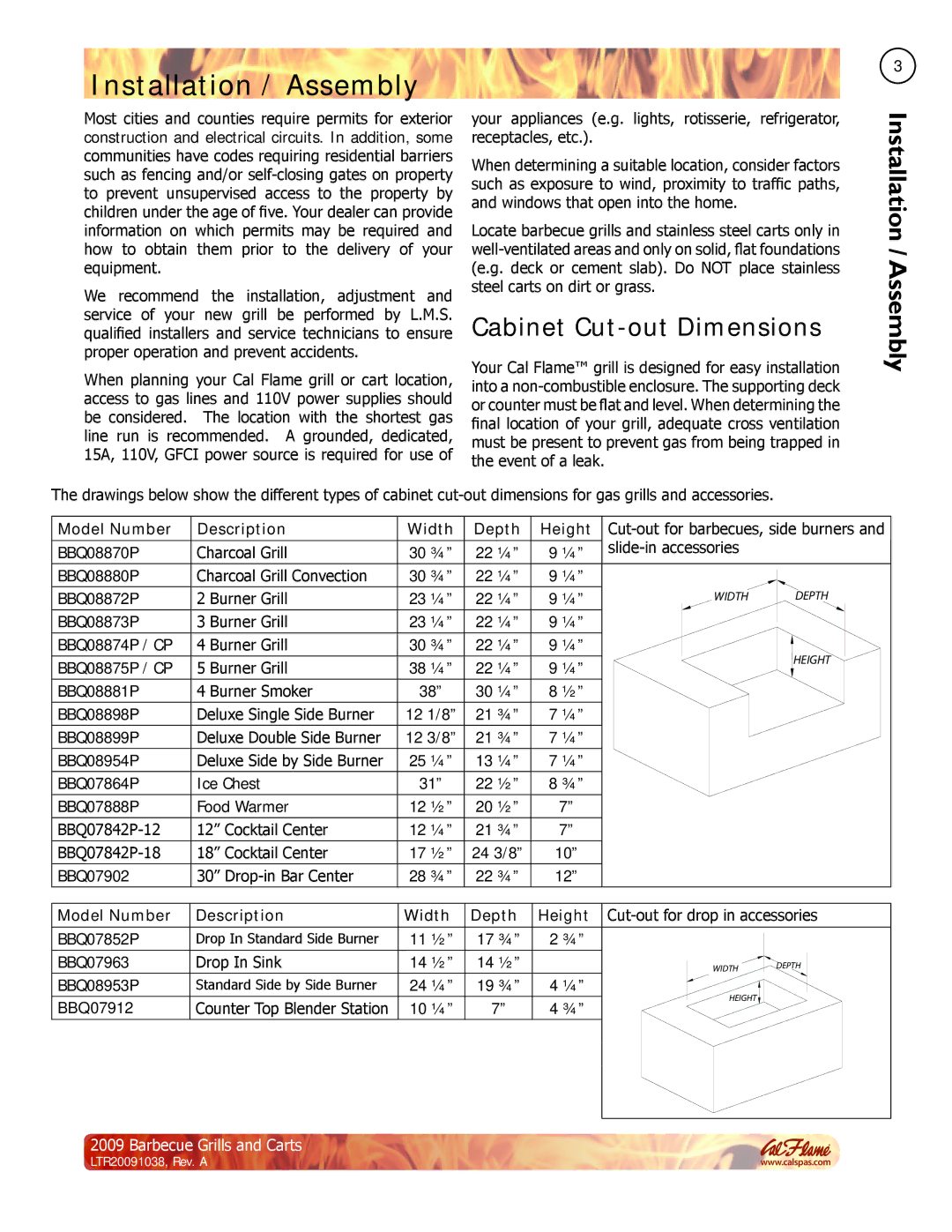 Cal Flame Barbecue Grills & Carts manual Cabinet Cut-out Dimensions, Model Number Description Width Depth Height 