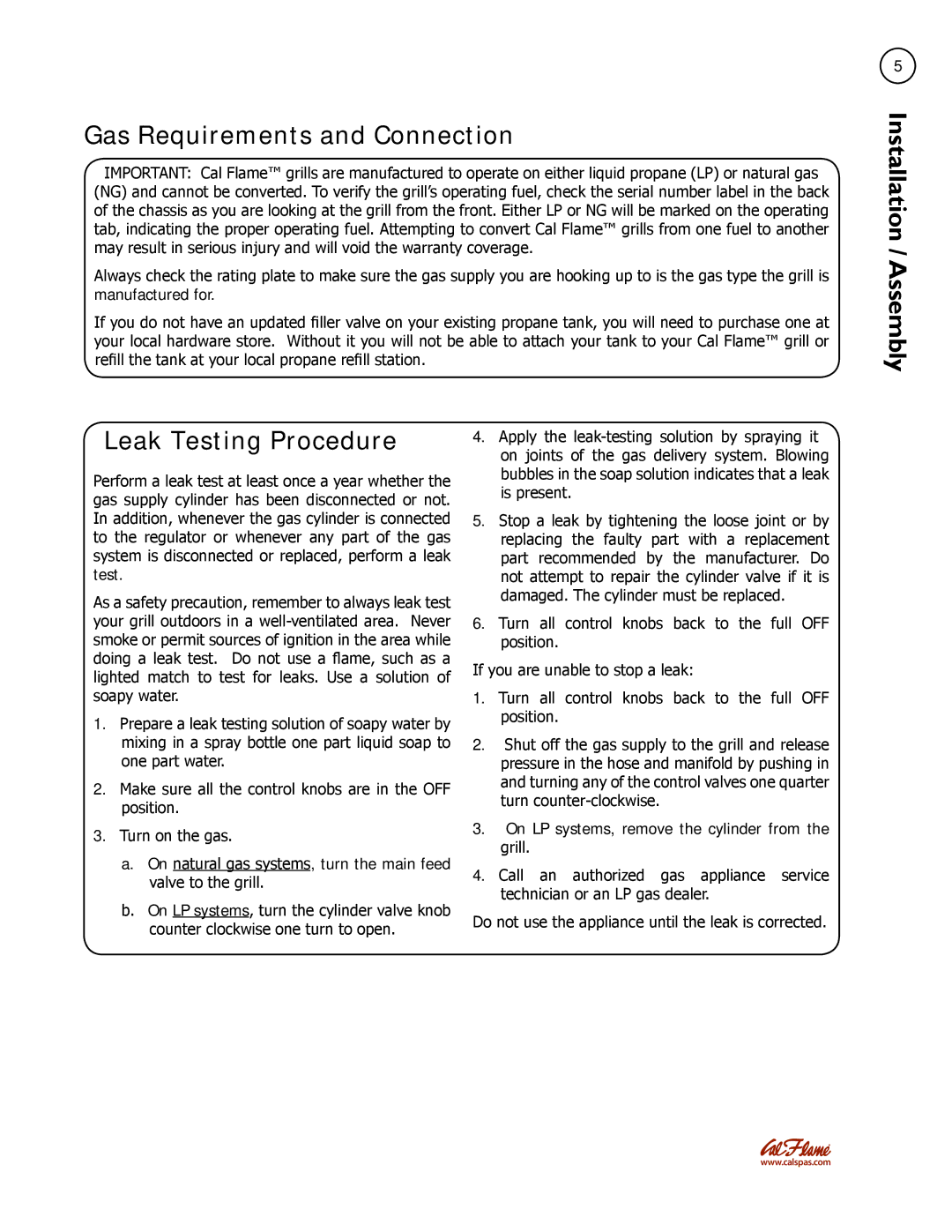 Cal Flame Barbecue Grills & Carts manual Gas Requirements and Connection, Leak Testing Procedure 