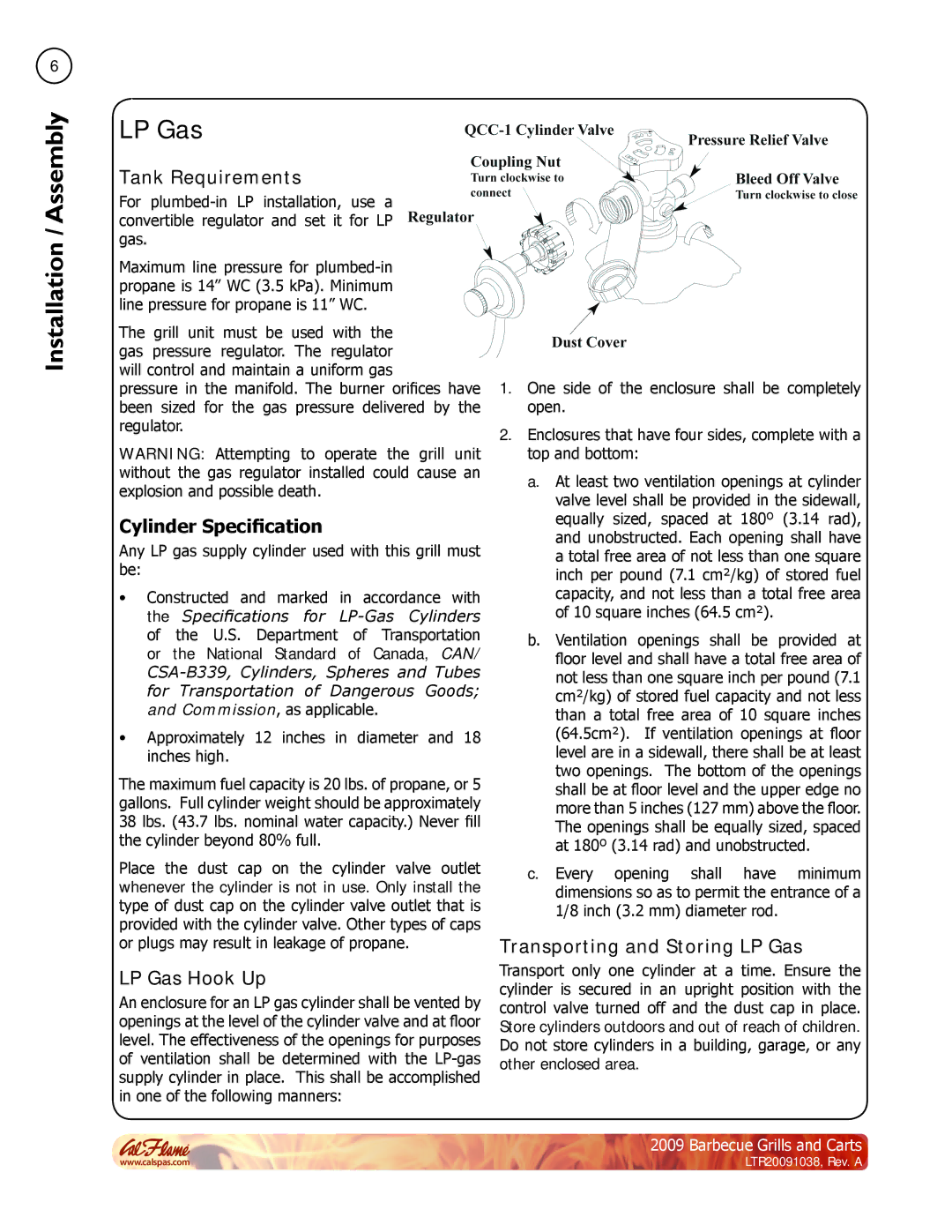 Cal Flame Barbecue Grills & Carts manual Tank Requirements, Cylinder Specification, LP Gas Hook Up 